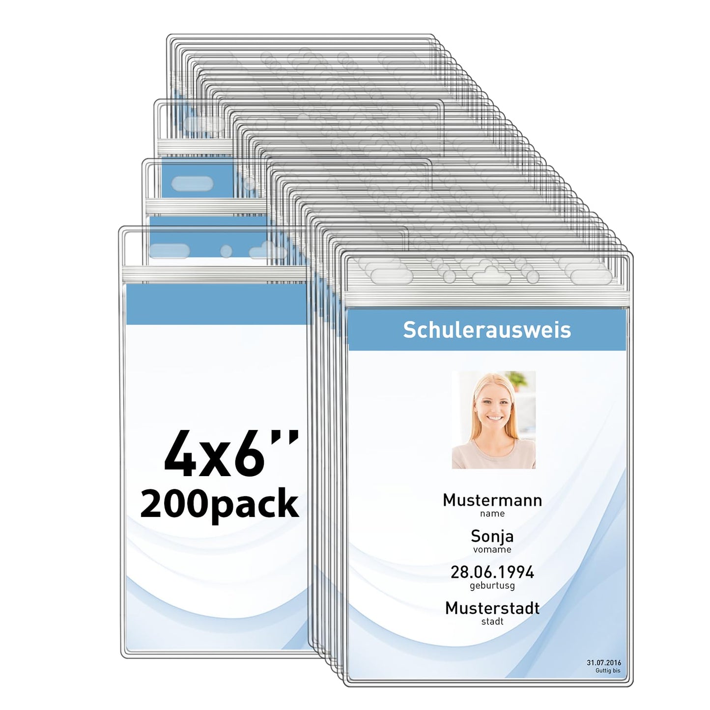 Mositear Vertical ID Badge Holders with Soft Edge (Sealable Fits 4x6 Inch Insert) (200 Pack), Waterproof Passport ID Card Holder, Name Tag Holder, Name Badge Holders, Zipper Plastic Badge Holder