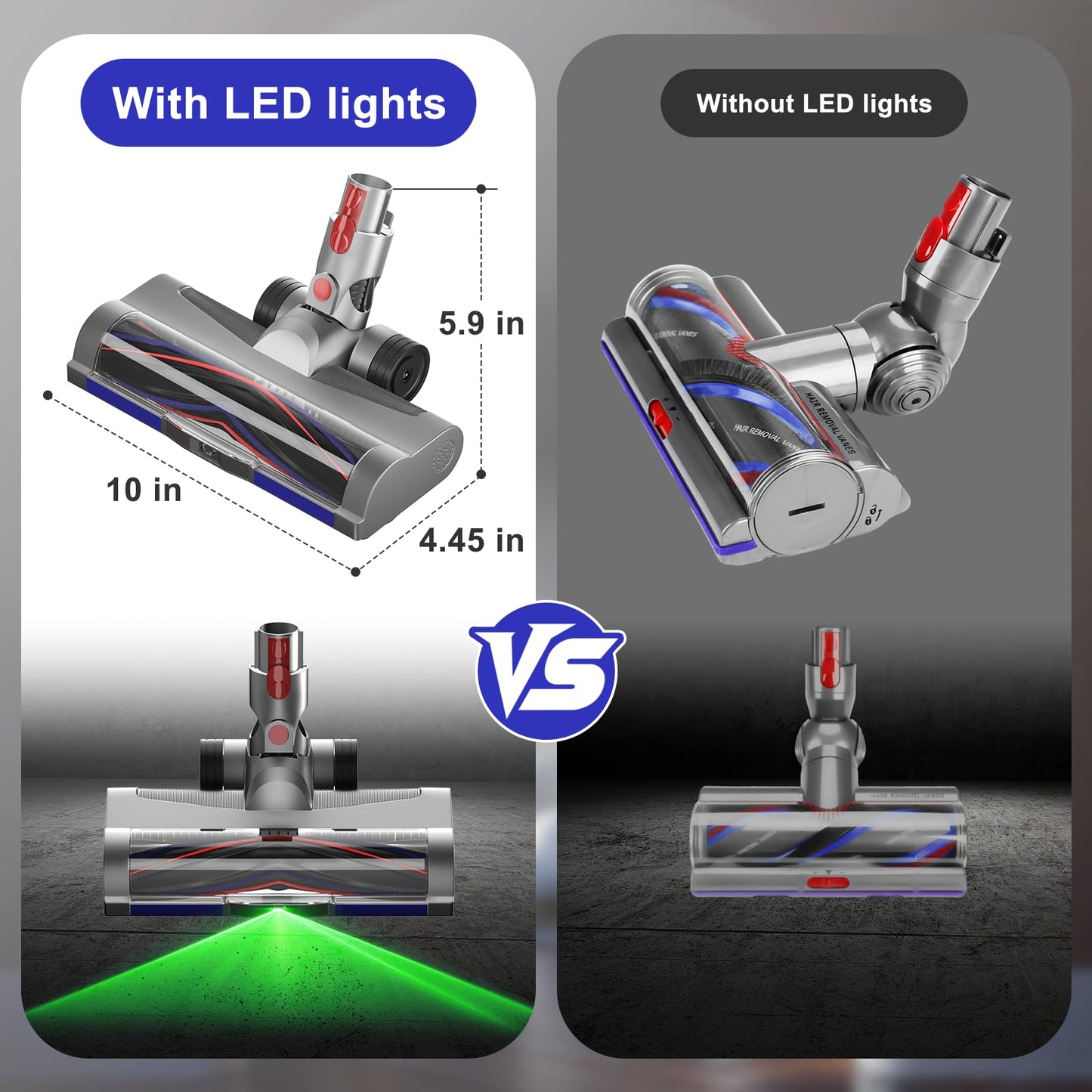 LED Green Light Vacuum Head Replacement for Dy-son V7 V8 V10 V11 V15 Cordless Vacuum Cleaner, Quick Release Head Attachments with 2 Pack Anti-Tangle & Soft Motorhead Roller Brushes