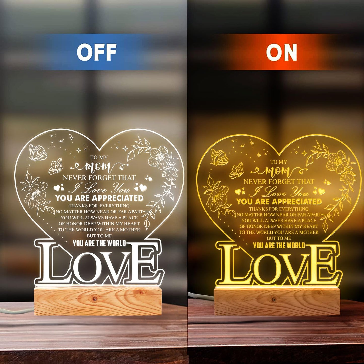 Donawings to My Mom, Never Forget that I Love You – Heart-Shaped LED Night Light for Mom – Mom Birthday Gift, Mother's Day – USB Port Powered Lamp with Engraved Love Message – Wooden Base Home Decor