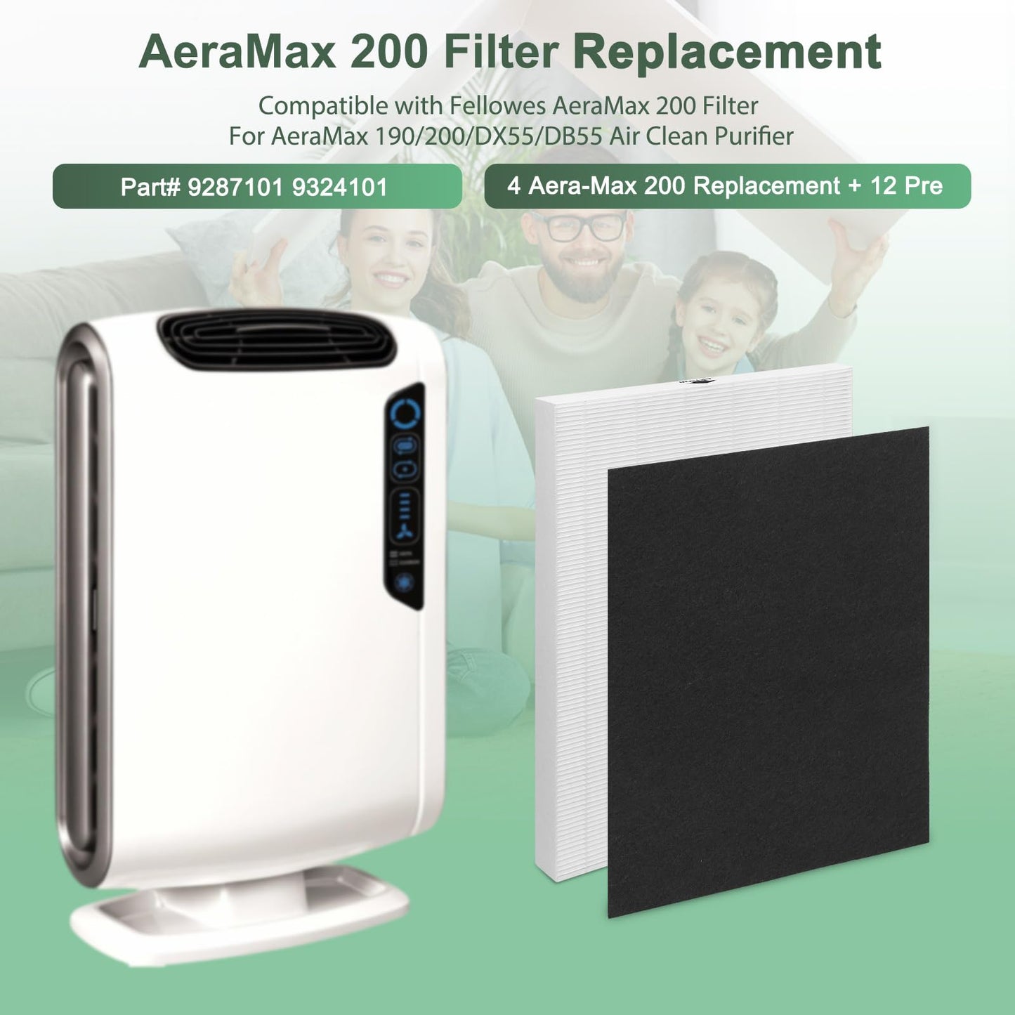 4+12 Pack True HEPA Replacement Filter Compatible with Fellowes AeraMax 200 Filter AeraMax 190/200/DX55/DB55 Air Clean Purifier,Part# 9287101 9324101, 4 Aera-Max 200 Replacement + 12 Pre (4)