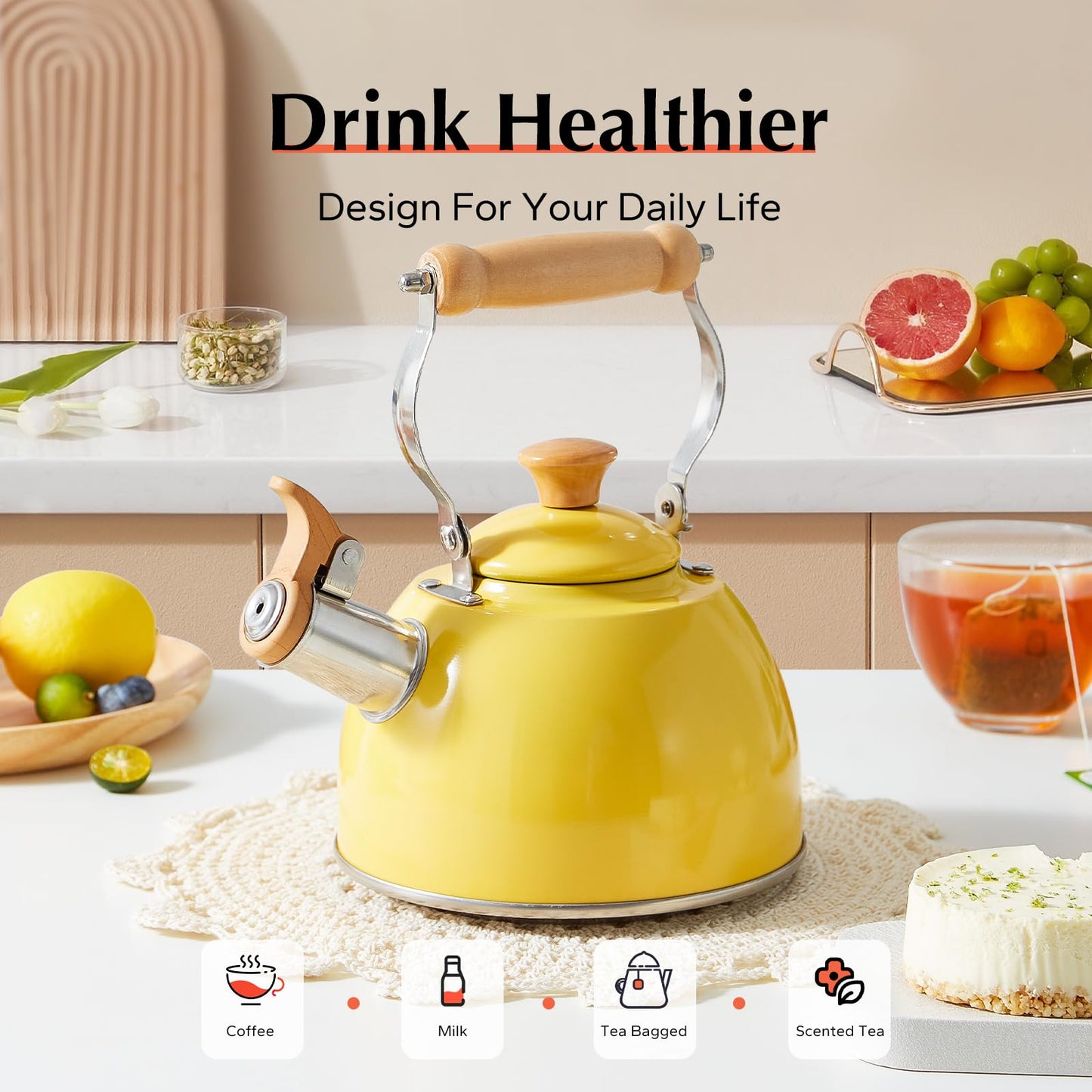 ROCKURWOK Tea Kettle, Tea Pot with Cool Touch Ergonomic Handle, Teapot Food Grade Stainless Steel, Tea Kettle Stovetop, Kettle Teapot, Whistling Tea Kettle, Small Tea Kettles, 1.6 Quart (Yellow)