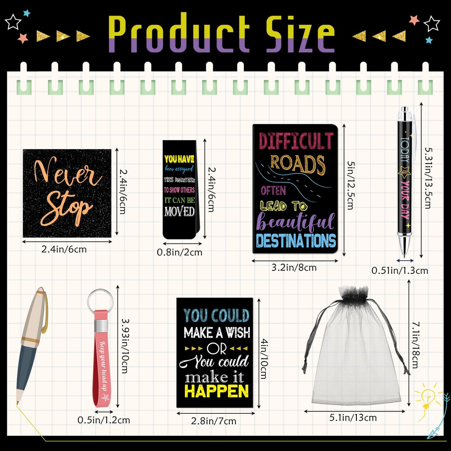 Pasimy 218 Pcs Inspirational Stationery Gifts Motivational Mini Notepad Pen Quote Bookmarks Stress Relief Stickers Inspiring Silicone Keychains for Home Office Appreciation Gift(Dark)
