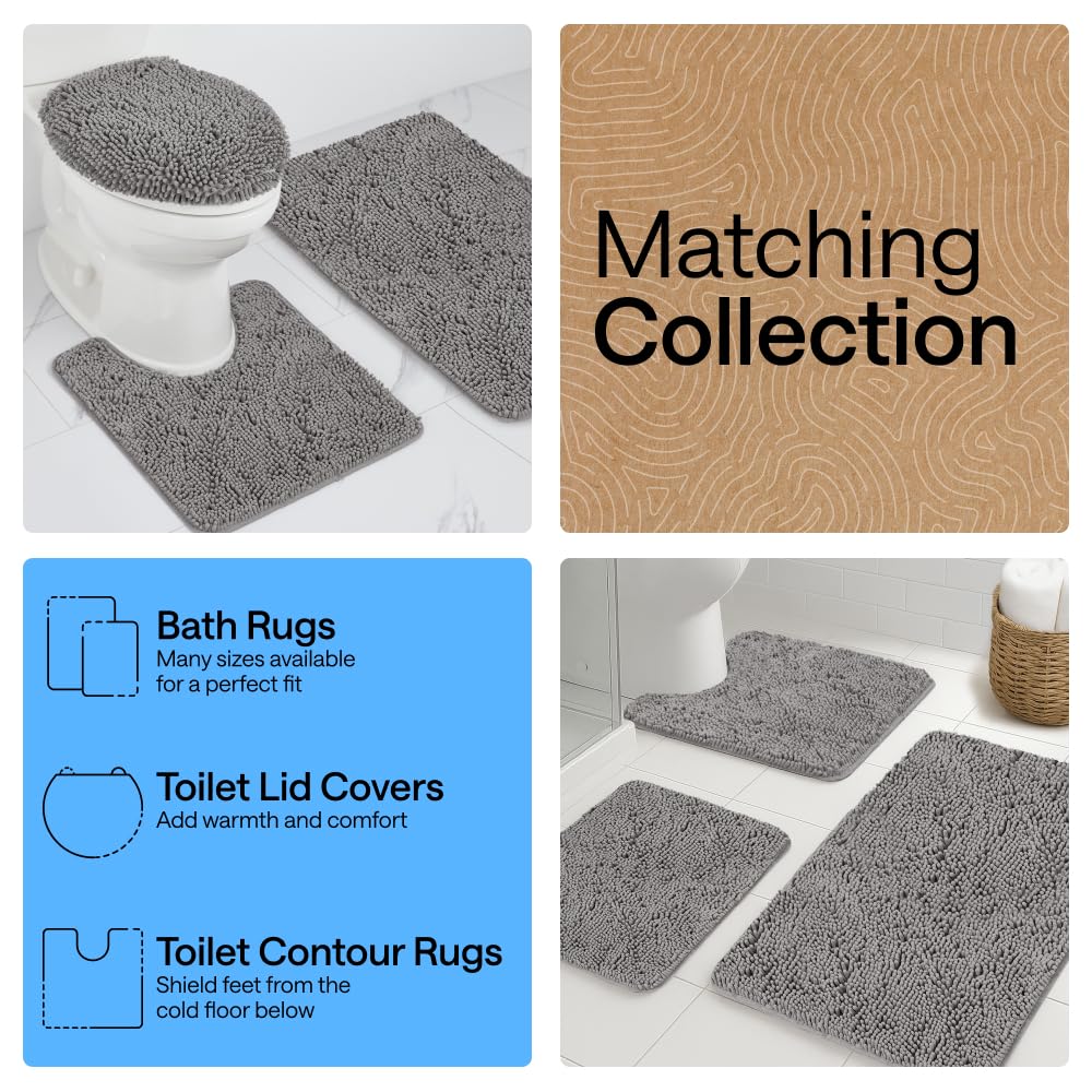 GORILLA GRIP Area Rug Sets 3 Piece, Bath Mat Set and Oval Toilet Base with Rubber Backing, Plush Absorbent Shaggy Chenille Washable Mats, Includes 24x19.5, 24x17 and 30x20 Inch Rugs, Grey