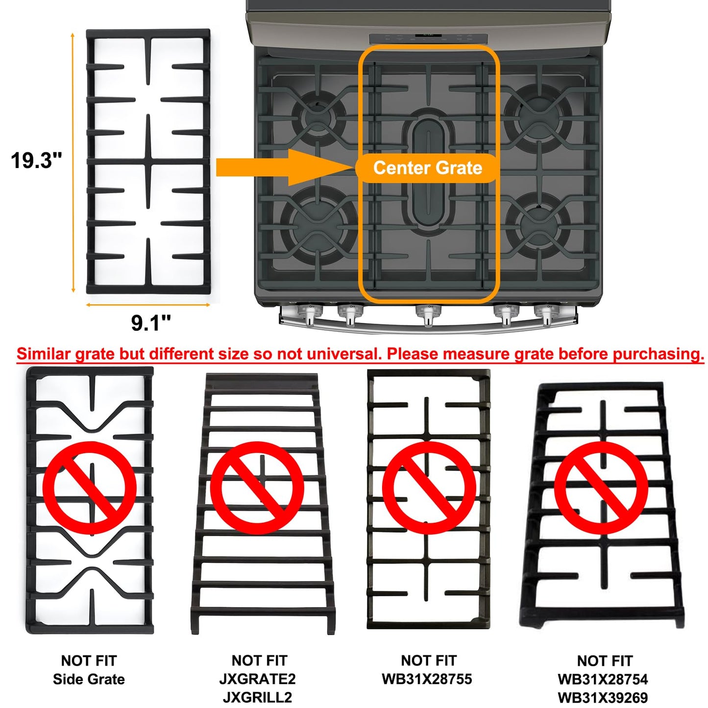 WB31X27150 Center Grate Replacement for GE Stove Grate JXGRATE1 WB31X24737 Cast Iron General Electric Gas Range Grate 19.3" x 9.1'' Surface Burner Grate GE Cooktop Parts Stove Top Grate