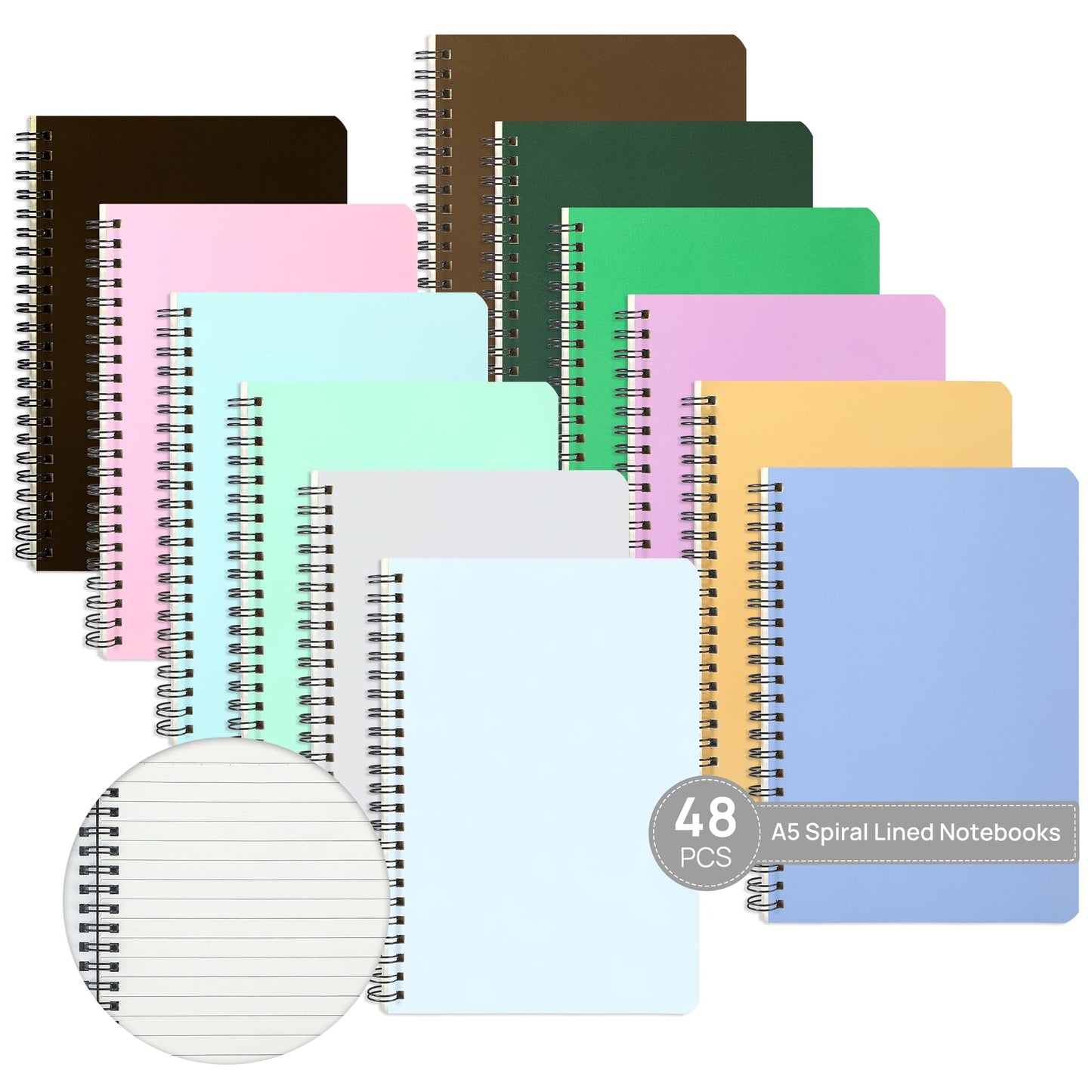 miikoul 48 Pack A5 Spiral Lined Notebooks, 8.1" X 5.5", 60 Sheets/120 Pages Wide Ruled Notebook Spiral Journals Bulk Paper Cover Notepad 12 Colors for Students Taking Class Notes Home Office Gift