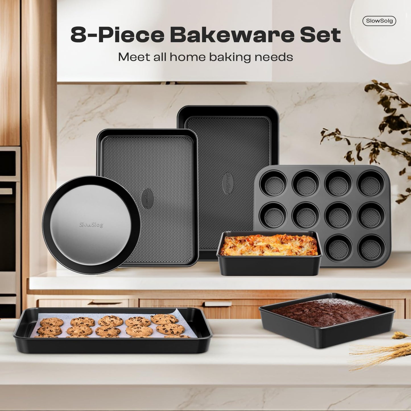 Slow Slog Nonstick Baking Pans Set, 8-Piece Stackable Bakeware Sets, Non-Toxic Oven Pan Set, Includes Baking Sheet, Cake Pan, Muffin Pan, Loaf Pan, Square Pan, Cookie Sheet & Roasting Pan, Black