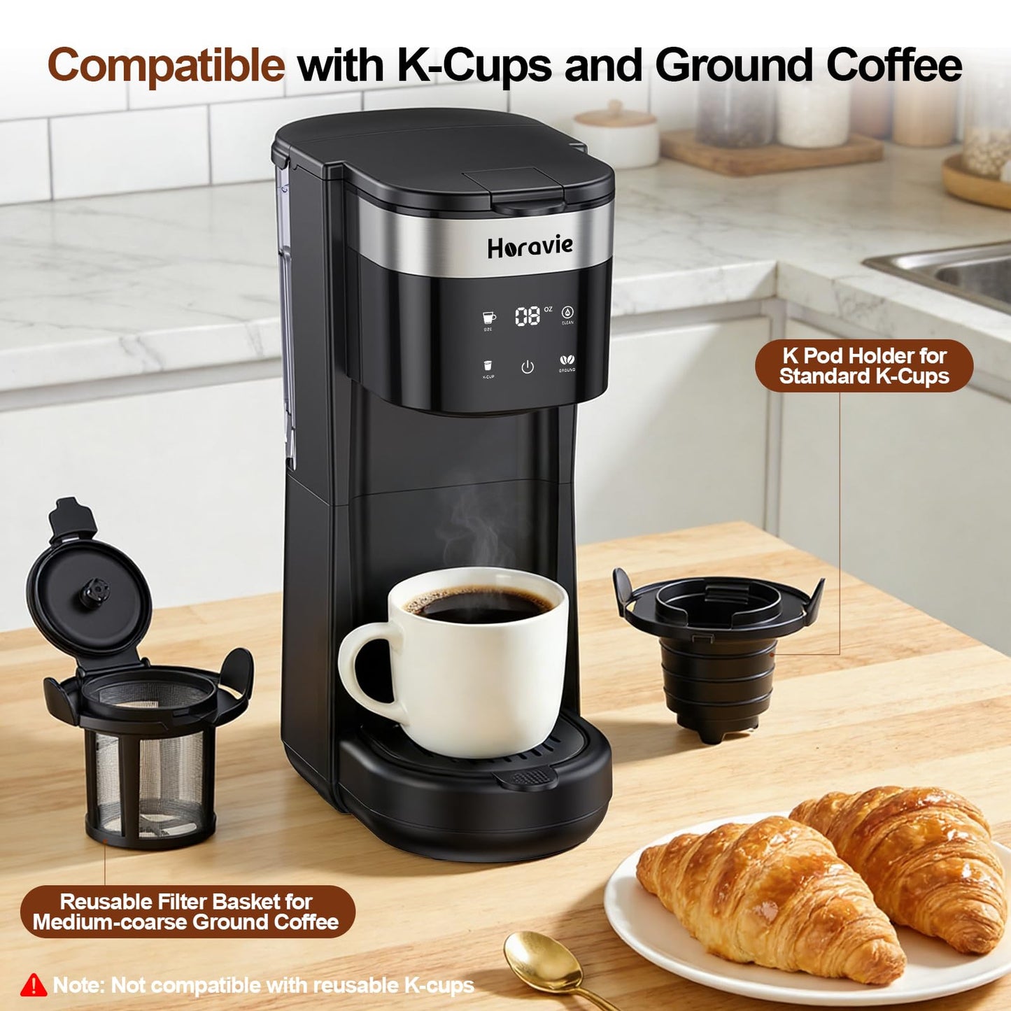 All-in-1 Single Serve Coffee Maker, Fit 7.8" Travel Mug, Hot & Iced K Cup Coffee Machine with 5 Brew Sizes, One Cup Coffee Maker with Descaling and Low Water Alert, 30oz Removable Reservoir, Black