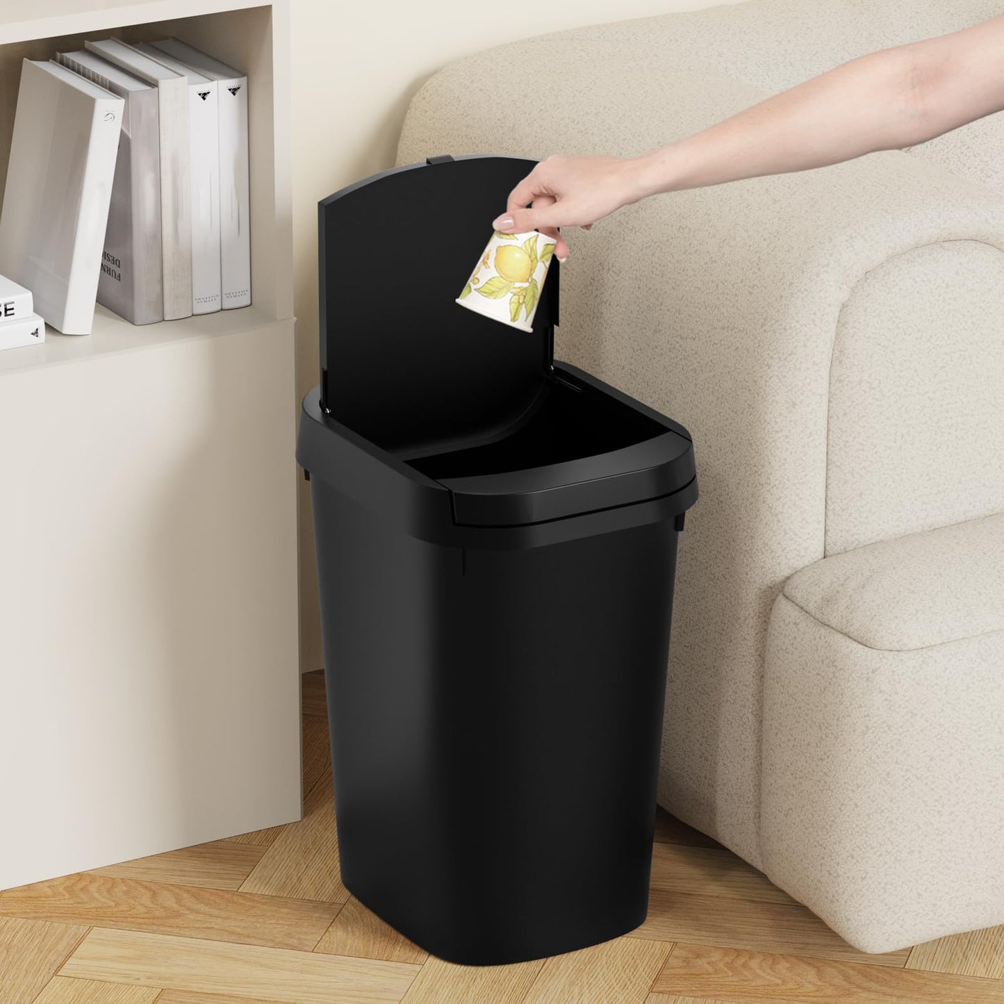 KSSKSS 3 Pack Bathroom Small Trash Can with Lid, 2.6 Gallon Slim Garbage Bin with Pop-Up Lid, 10L Plastic Wastebasket for Bedroom, Office, Kitchen, Toilet (Matte Black)