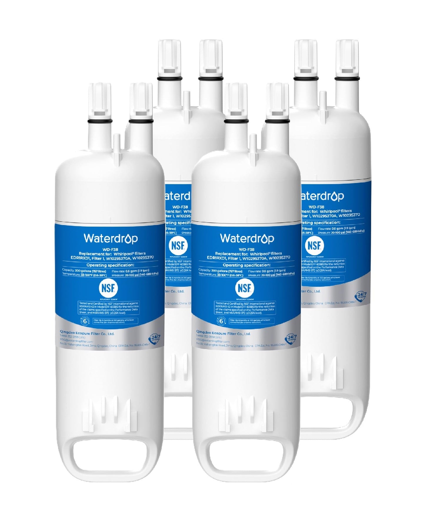 Waterdrop EDR1RXD1 Replacement for Filter 1, W10295370A, EDR1RXD1B, P8RFWB2L, P4RFWB, WD-F38, Refrigerator Water Filter, 4 Pack