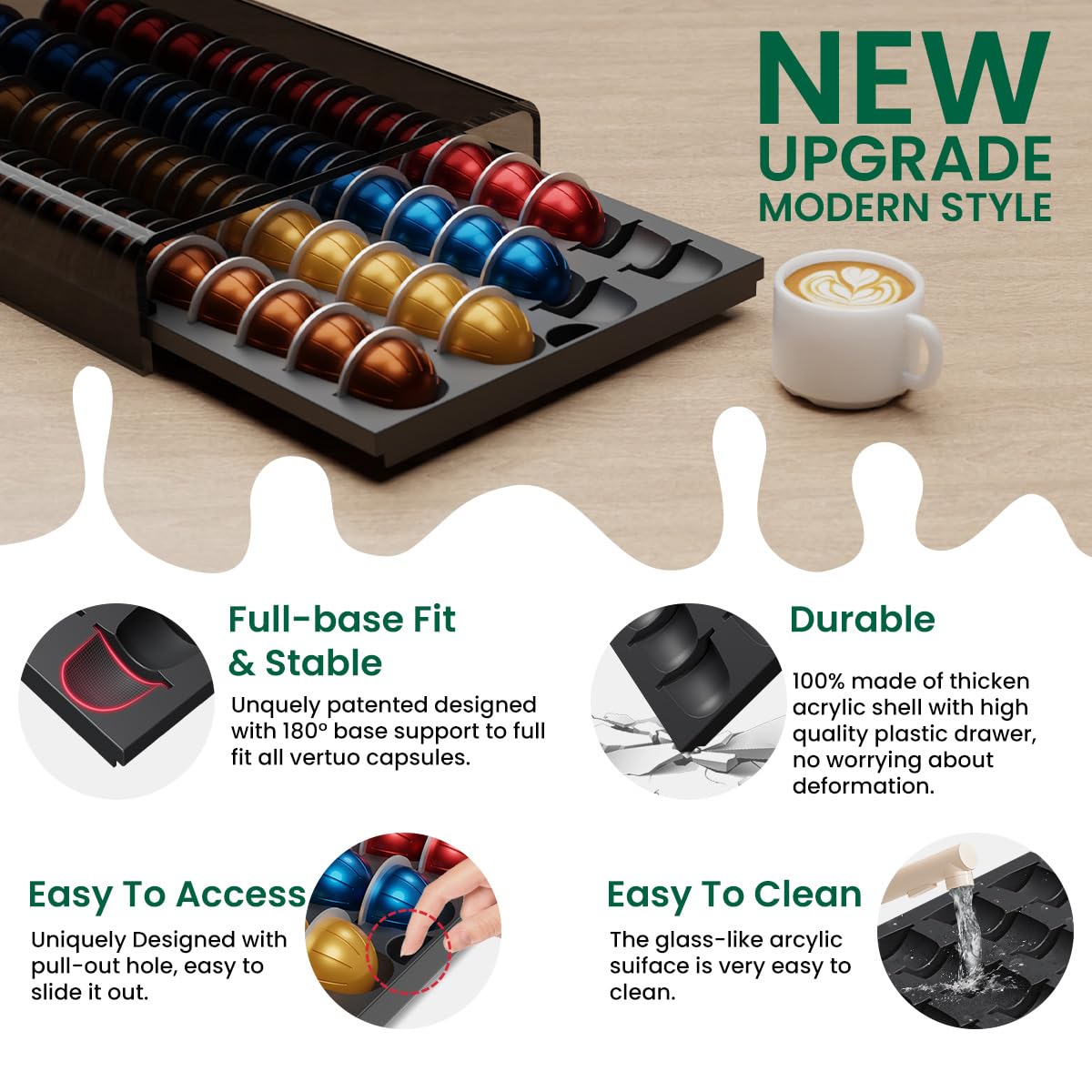 Coffee Pods Storage for Nespresso Vertuo Capsules Organizer, with Arcylic Top & Plastic Drawer, Holds 40 Pods