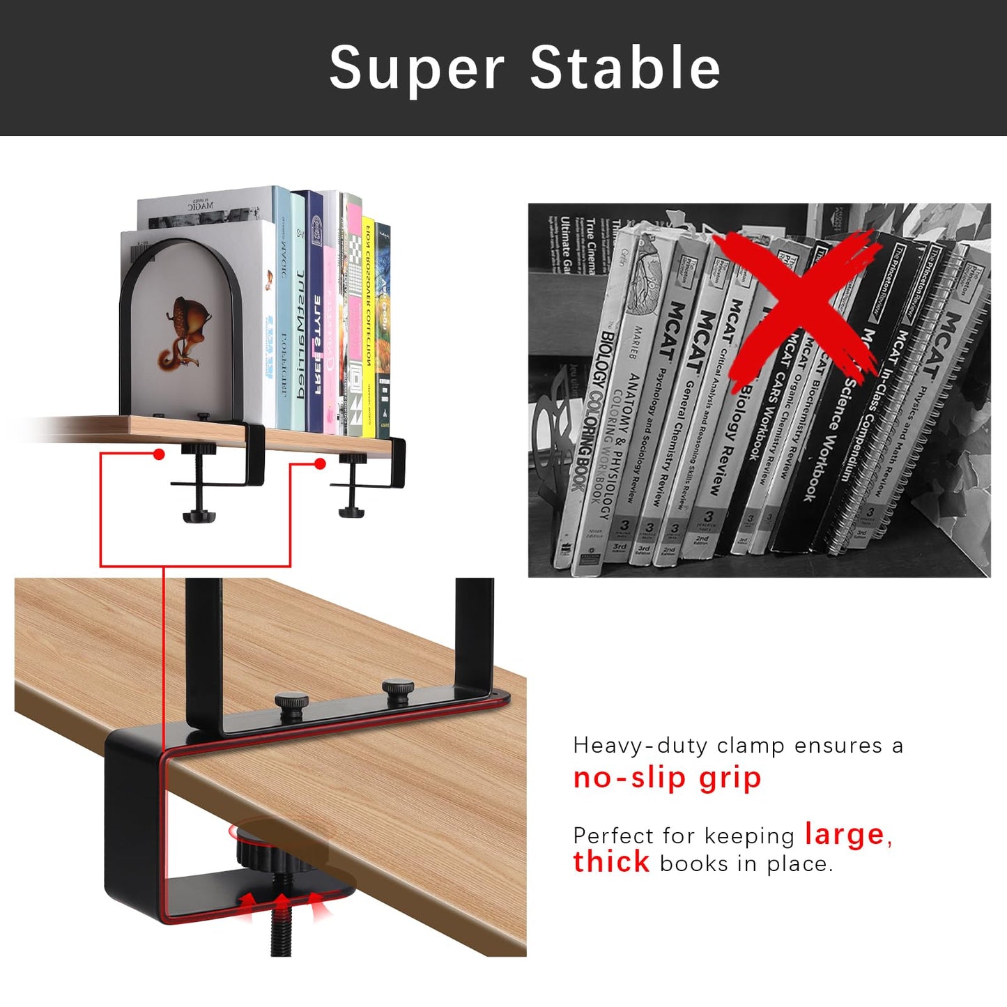 WOMACO Book Ends for Heavy Books, Heavy Duty Bookend for Shelves, Super Steady Clamp-On Non-Skid Metal Book Shelves Holders Stoppers for CDs, Vinyl Records (Black, 2 Pairs)