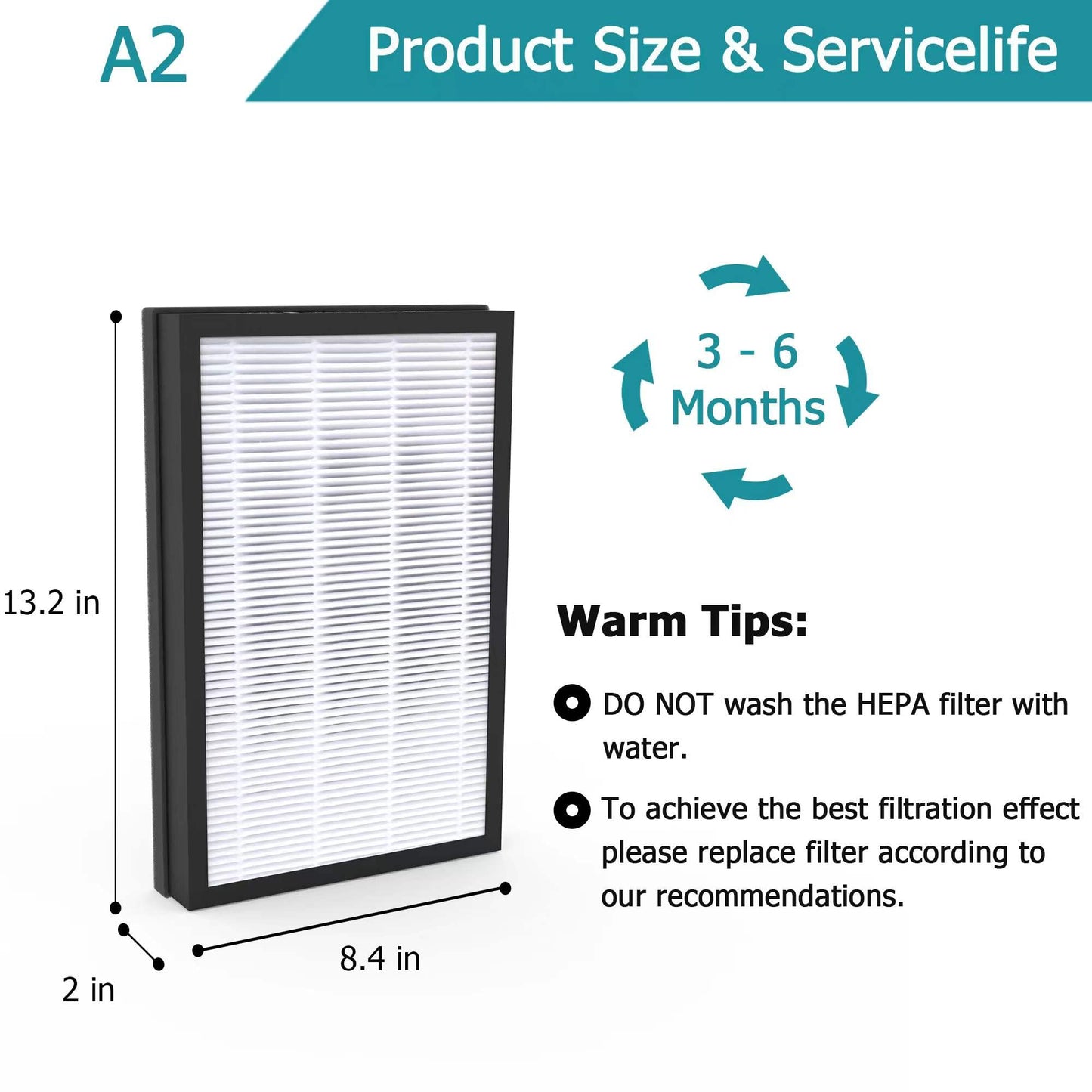 Vegebe 2-Pack A2 H13 True HEPA Replacement Filter, Compatible with Filtrete 3M A2 Room Air Purifier FAP-C02-A2, FAP-C03-A2, FAP-T03-A2, FAP-SC02L, Part No.1150101, Filter Size A2