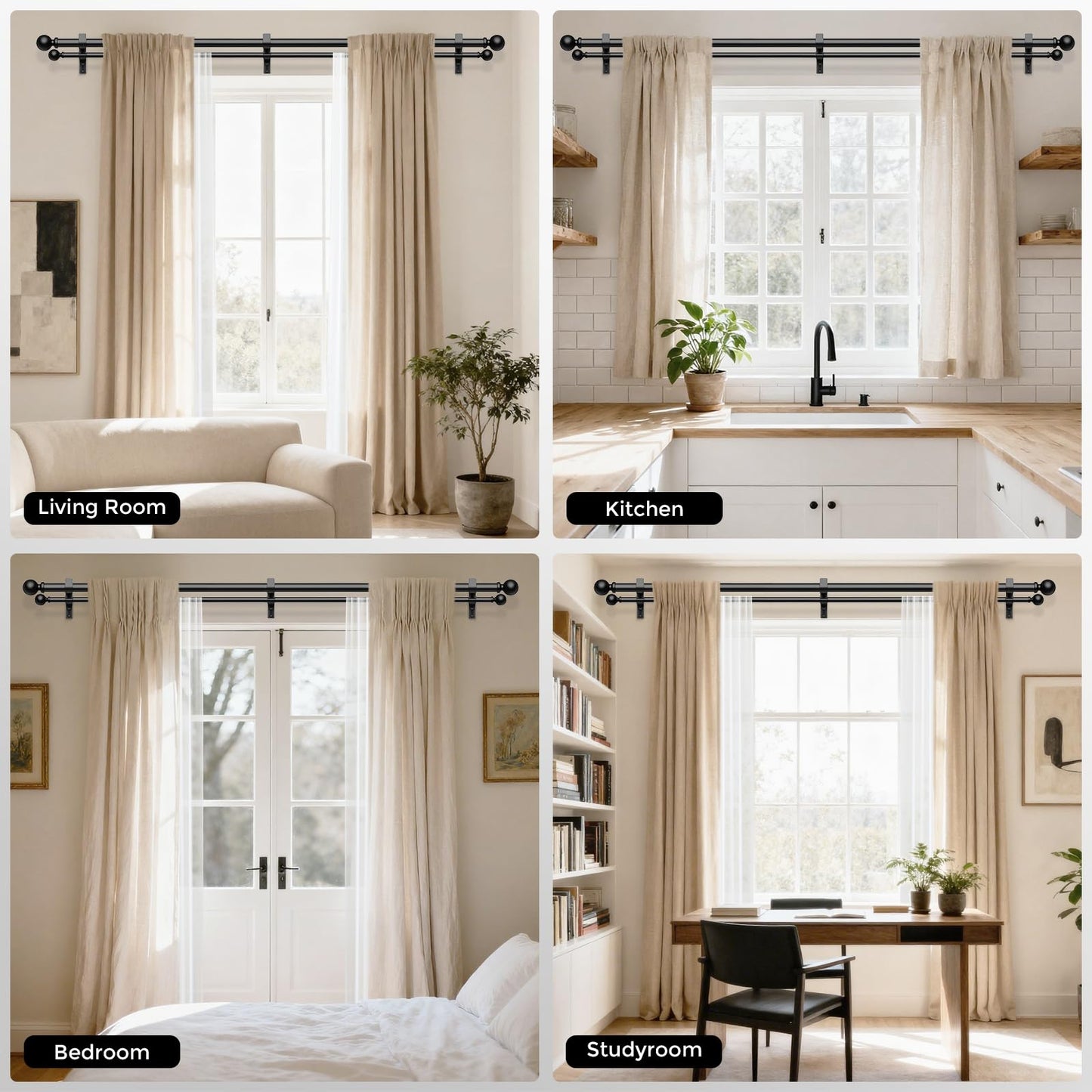 Wolistsa Double Curtain Rod 36-91 Inch, Black Dual Curtain Rods for Windows, 1 Inch Decorative Adjustable Heavy Duty Telescopic Spliced Window Treatment Rods Set for Bedroom Living Room Farmhouse