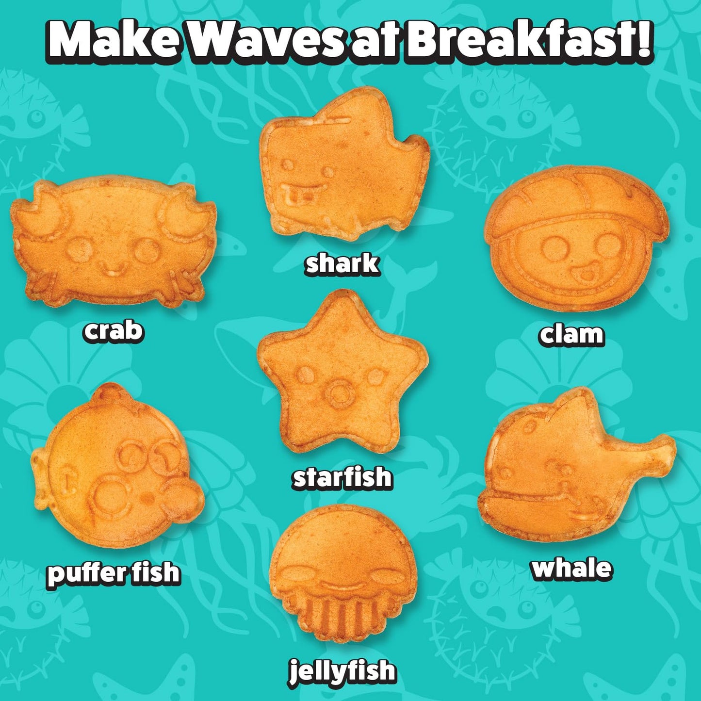 Sea Creature Mini Waffle Maker- Summer Fun, Make 7 Different Ocean Animal Shapes in Minutes- Cool for Kids & Adults w Novelty Aquatic Pancakes- Electric Non-Stick Waffler Iron, Quick & Easy Breakfast