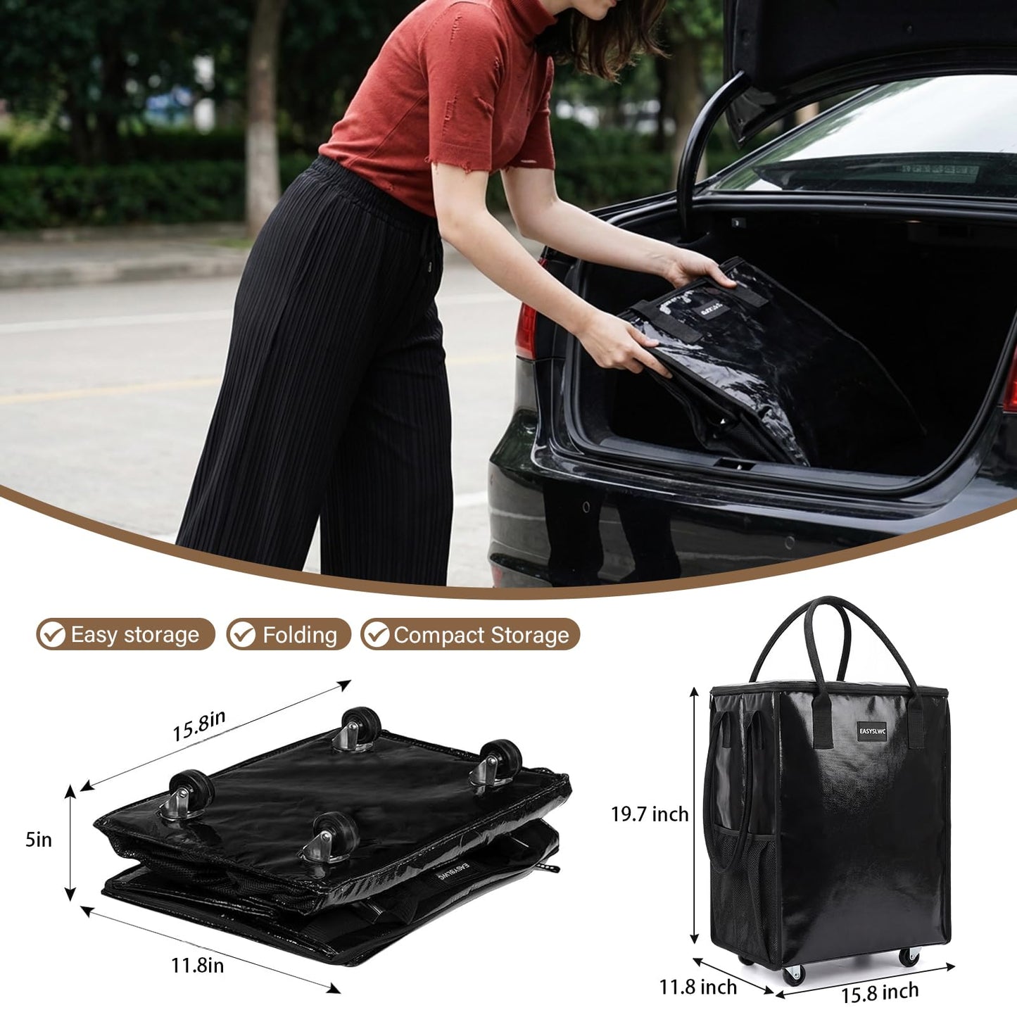 Reusable Hauler Rolling Tote Bag, Collapsible Portable Shopping Cart with Wheels for Groceries, Apartments Laundry, Organization , Heavy Duty Utility Tote, Basket with Wheels, Travel and Moving, 75lbs