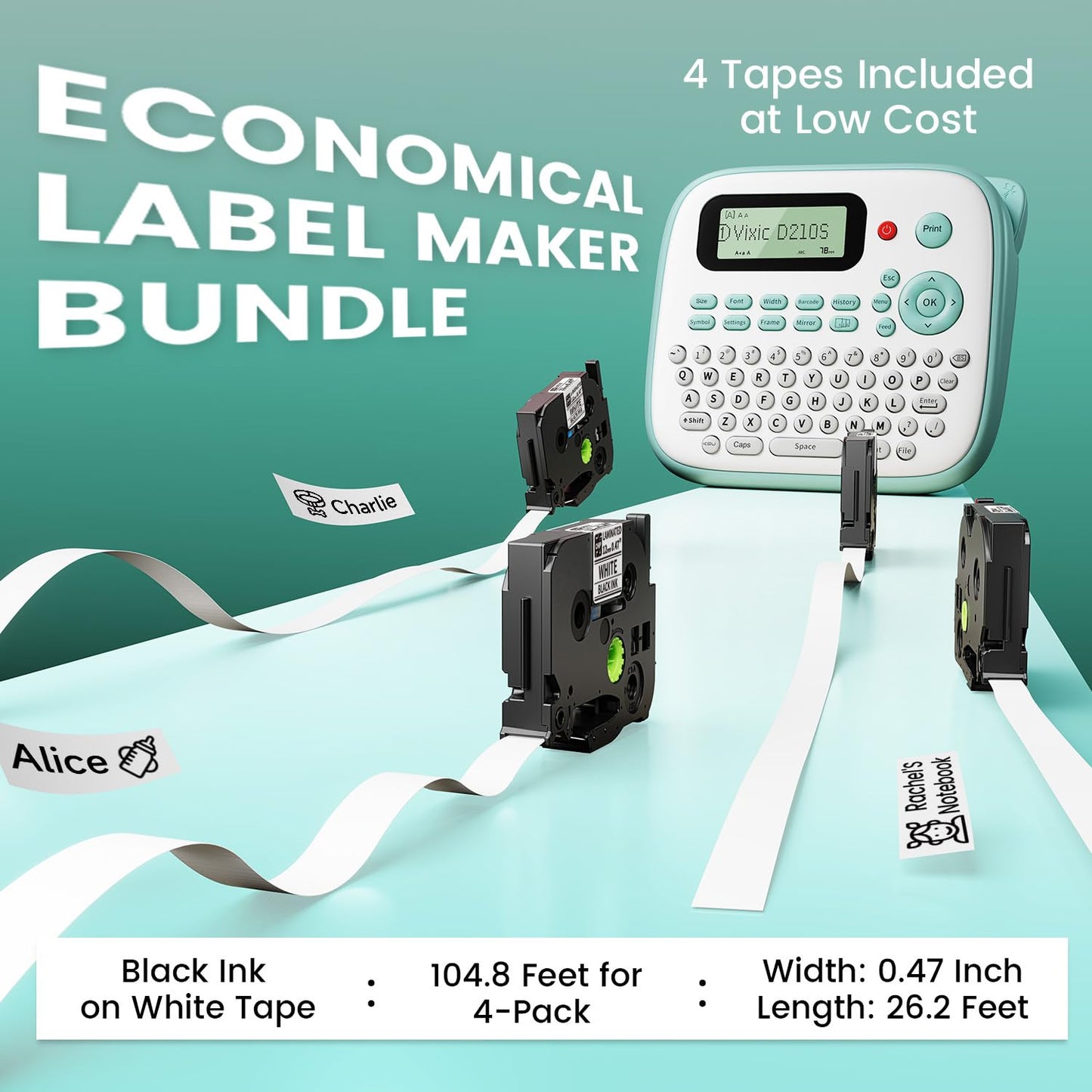 Vixic Label Maker, D210S Label Maker Machine with 4 Laminated Tapes, 12mm Labeler Labelmaker with Waterproof-Labels & QWERTY Keyboard, Print Different Fonts Frame for Home Office Kids School Items