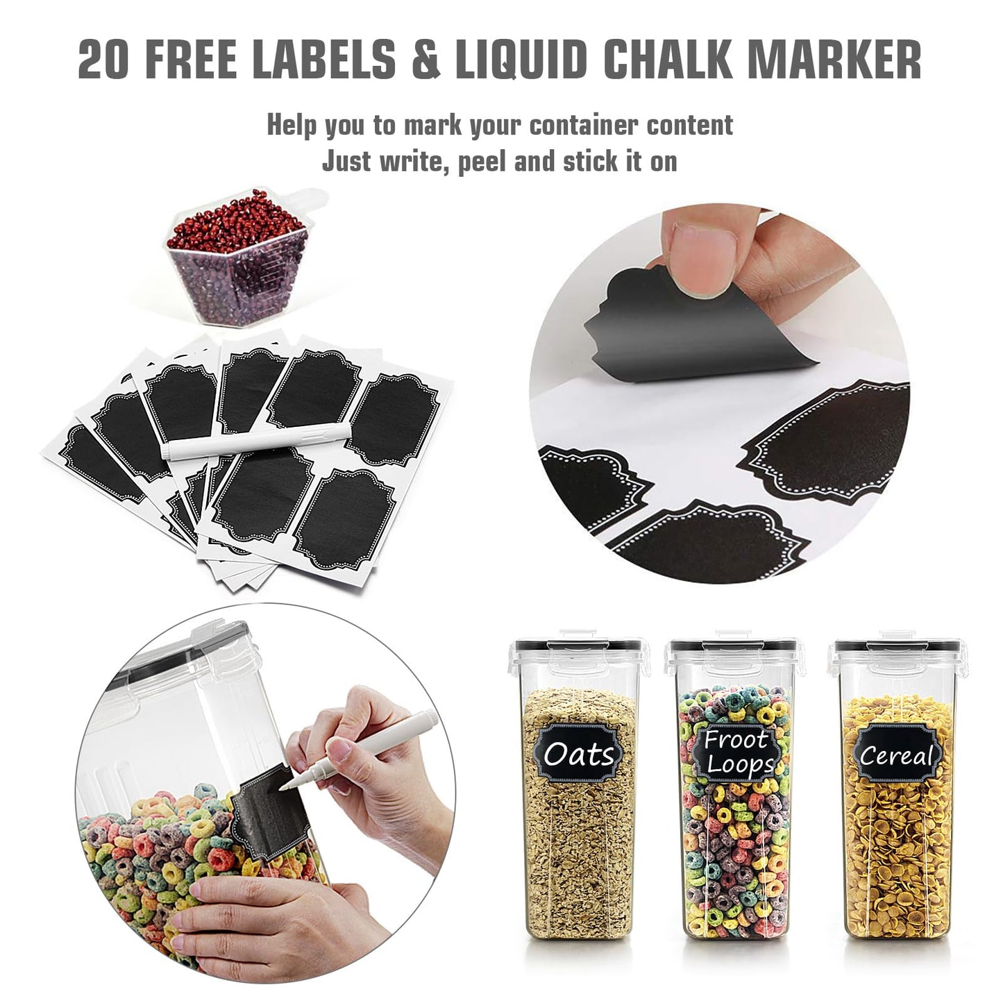 Wildone Cereal Storage Containers Set, Large BPA Free Plastic Airtight Food Storage Containers 4L for Flour, Sugar, 6 Piece Set Cereal Dispensers with 20 Labels & Marker, Black