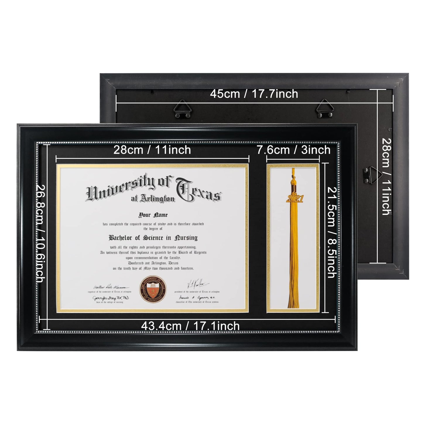 GraduationMall 11x17 Black Diploma Frame with Tassel Holder for 8.5x11 Certificate Document,Real Glass, Black over Gold Mat