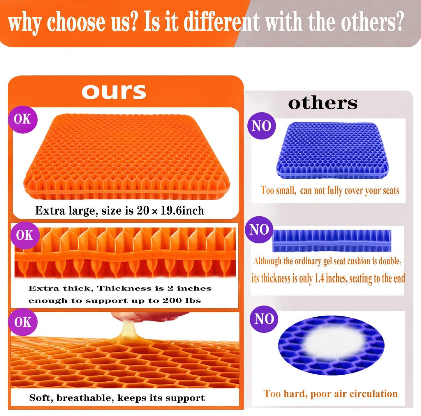 Plus Size Gel Seat Cushion for Long Sitting, Extra Large and Thick, Gel Cushion for Back, Hip, Sciatica, Tailbone Pain Relief, Use for The Office, Wheelchair, Car, Recliner, Stadium, Kayka.(Orange)