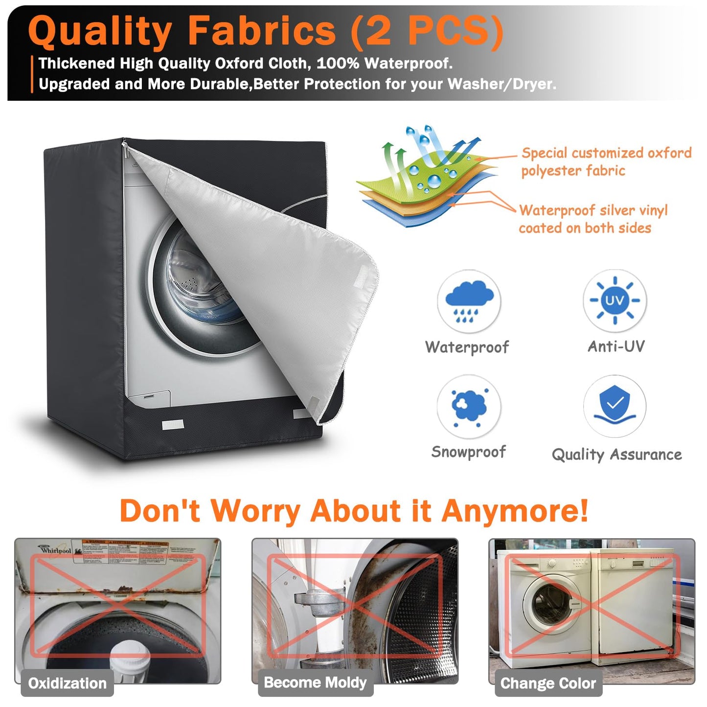 AKEfit 2 Pack Washer Dryer Cover, Washing Machine Cover Waterproof, Dustproof and Anti-UV, Heavy Duty Oxford Washer Covers for Outside , 27"W x 33"D x 39"H -Black