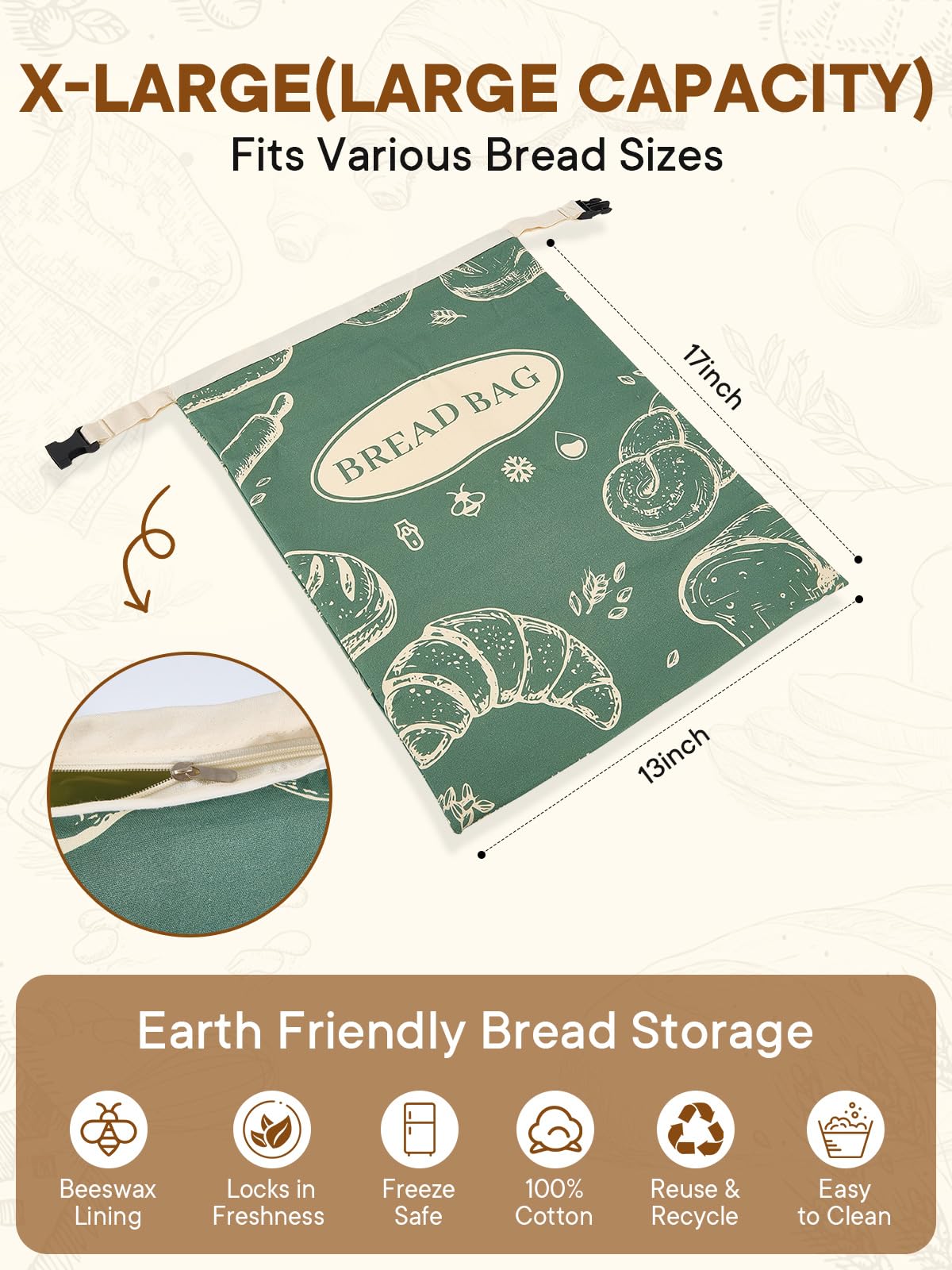 2 Pack Zippered Beeswax Bread Bags 17×13 Inch Large Cotton Sourdough Bread Bags Reusable Bread Storage Bags for Homemade Bread Freezer Safe for Bagel Croissant & Baguette Kitchen Baking Supplies
