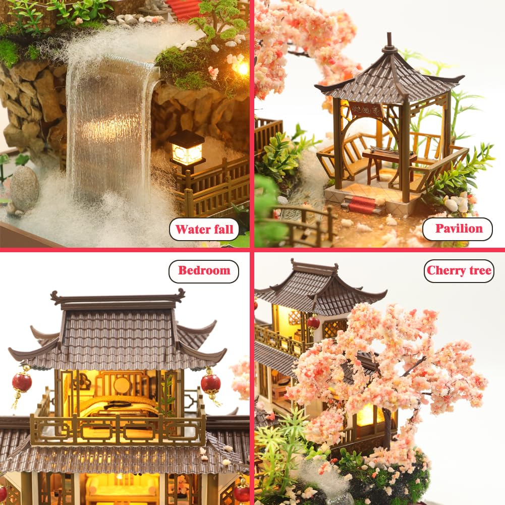 Yuzhen DIY Miniature Dollhouse with Furniture and LED Lights, Large Ancient Style Wooden Dollhouse Includes Dustcover and Music Movement