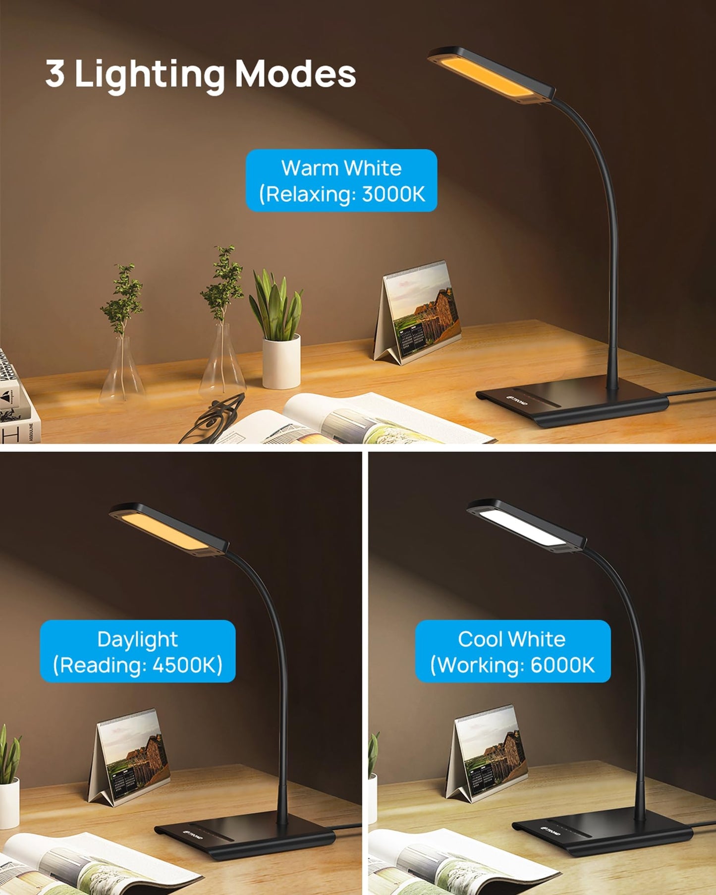 TROND Desk Lamp, Bright Dimmable Eye-Caring Table Lamp, 3 Color Modes 7 Brightness Levels, Flexible Gooseneck, Touch Control, Memory Function, Desk Light for Home Office Dorm Room Essentials, Black