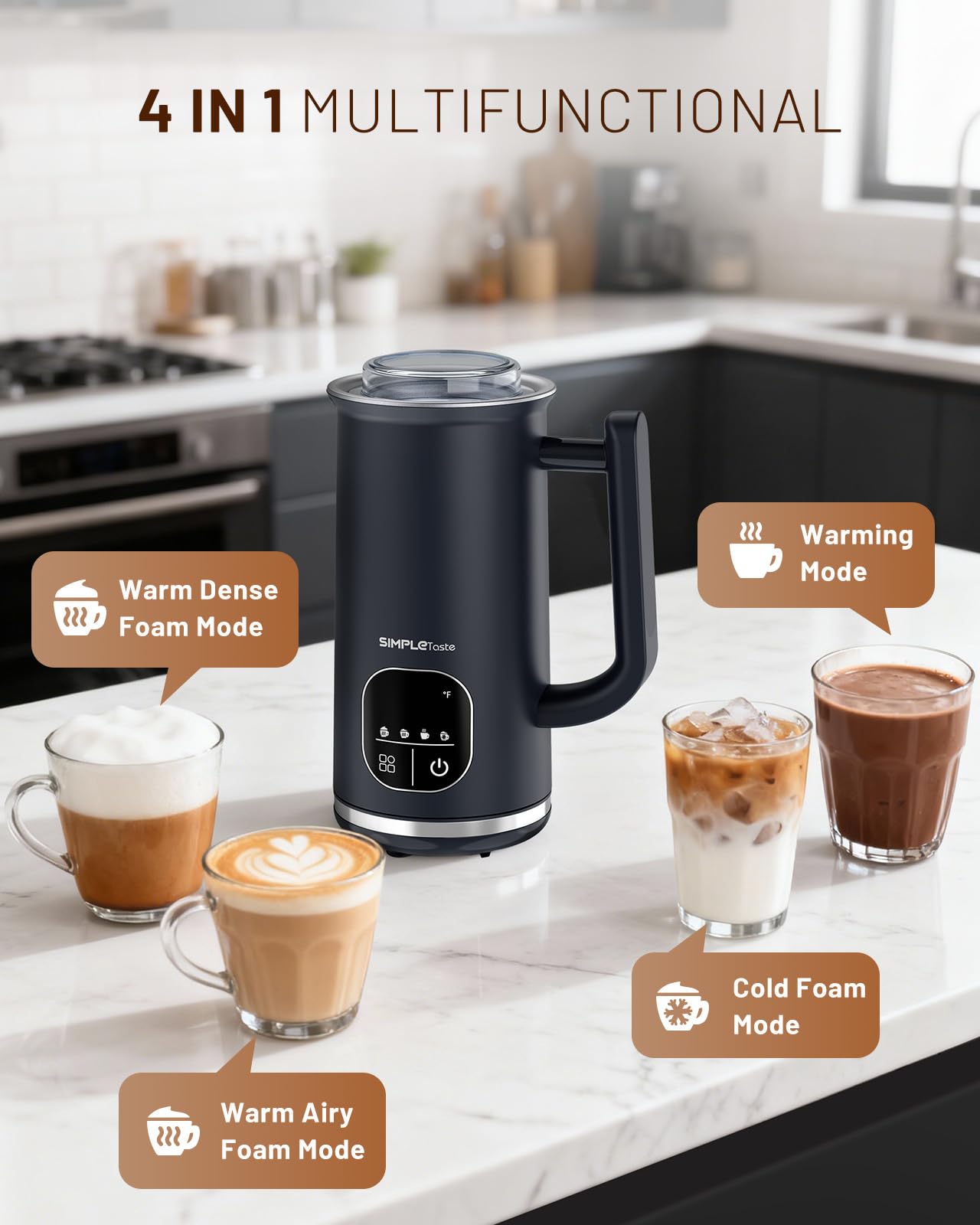 SIMPLETASTE Milk Frother, 4-in-1 Electric Milk Steamer with LED Touch Screen, Automatic Warm and Cold Foam Maker and Milk Warmer for Latte, Cappuccinos, Macchiato