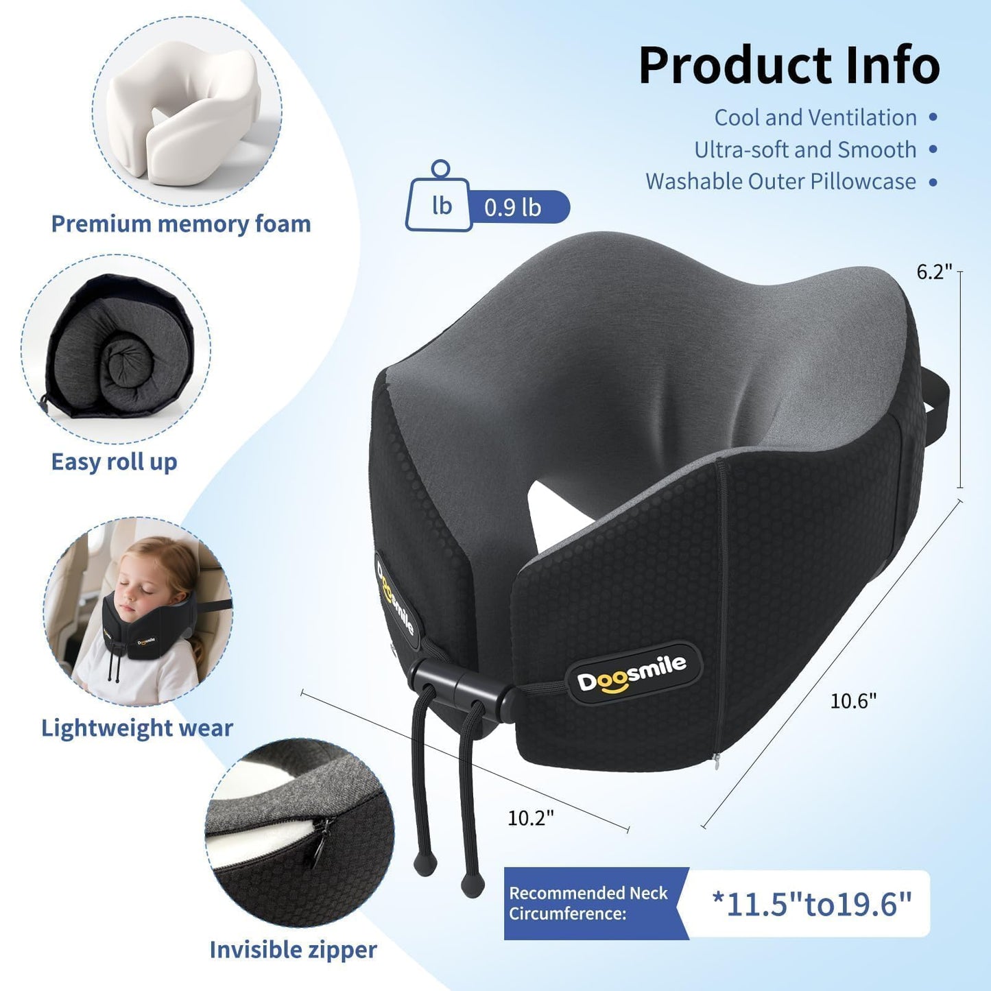 Doosmile Patented Head-Bobble-preventing Ergonomic 360° Supporting Golden Formula Memory Foam Travel Neck Pillow w/3D Contoured Eye Mask Set Long Trip Sleeping Essentials for Airplane Flight Car Bus