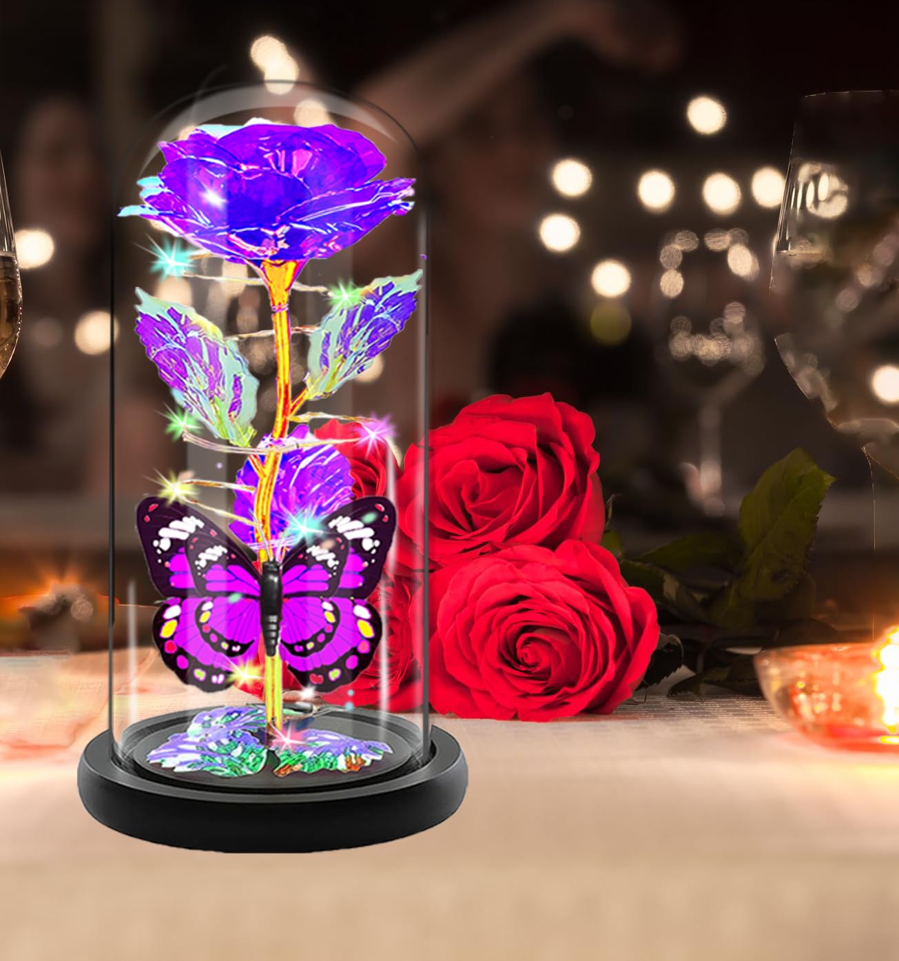 Fvawe Gifts for Women, Rose Glass Flowers Birthday Gifts for Women, Galaxy Crystal Light Up Rose Flowers in A Glass Dome with Butterfly, Mom Sister Wife Daughter Grandma Her Presents Purple