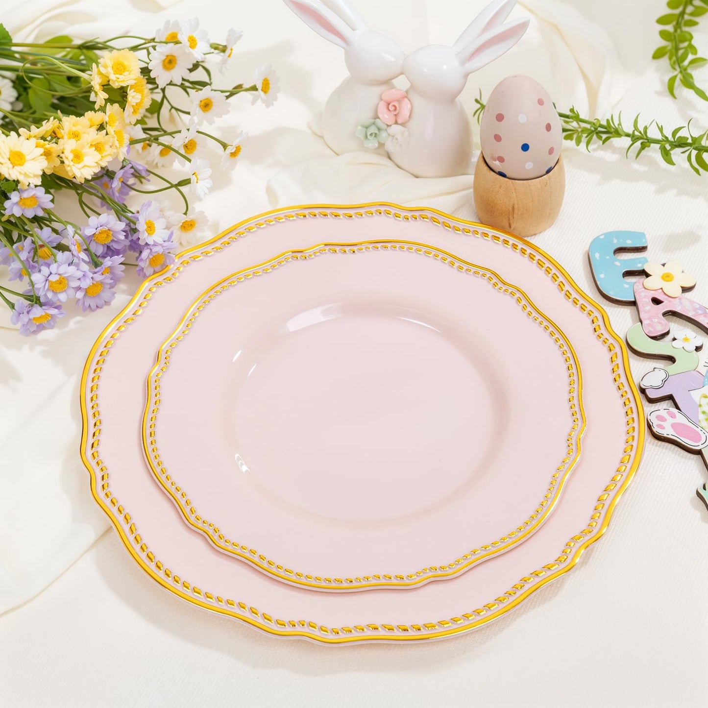 Hioasis 60pcs Pink Plastic Plates - Pink and Gold Disposable Dinnerware with Gold Rim, Heavy-duty, 10 inch, Dinner Plates for Party & Wedding