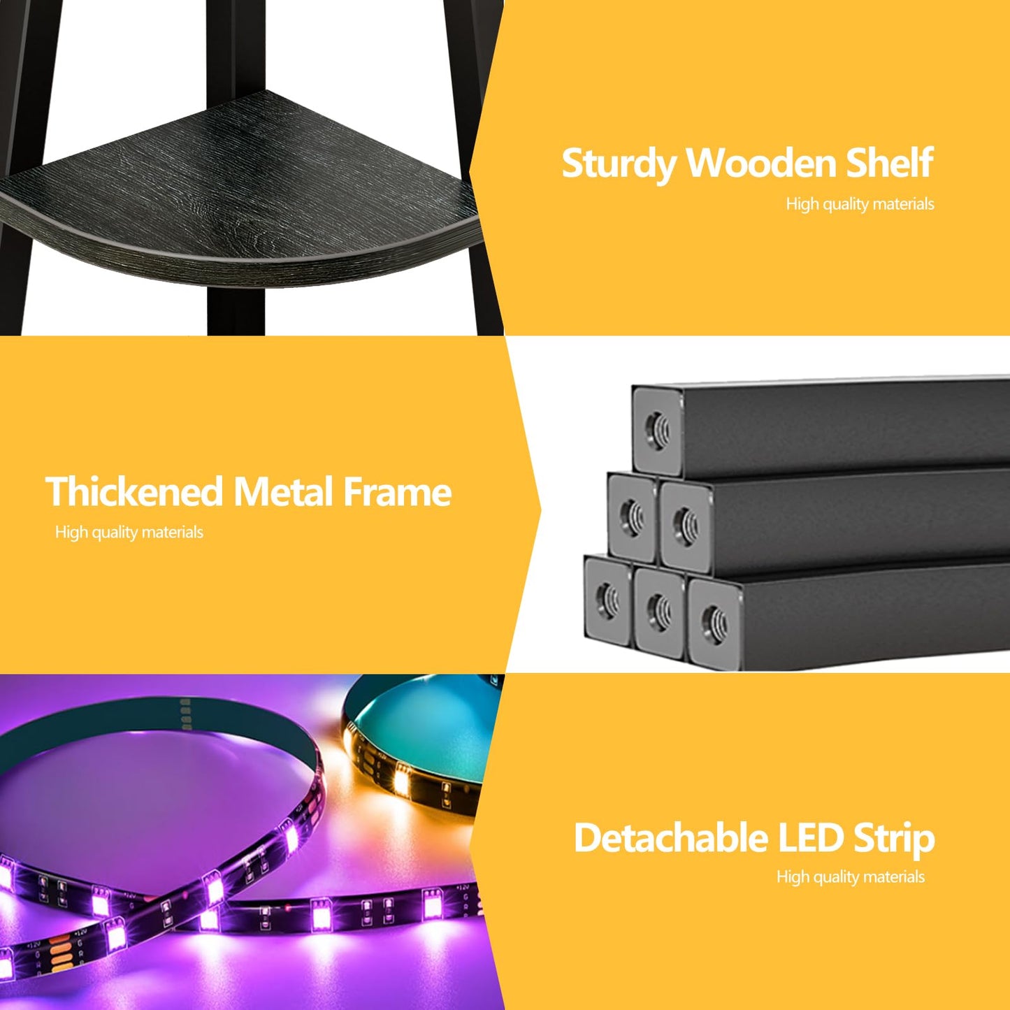 Furnulem 5 Tier Corner Shelf with LED Light, 67.2” Tall Standing Shelf for Wall Corner, Narrow Bookshelf Ladder Shelf for Bedroom, Living Room, Plant, Wood Storage Rack, Metal Frame (Black Oak)