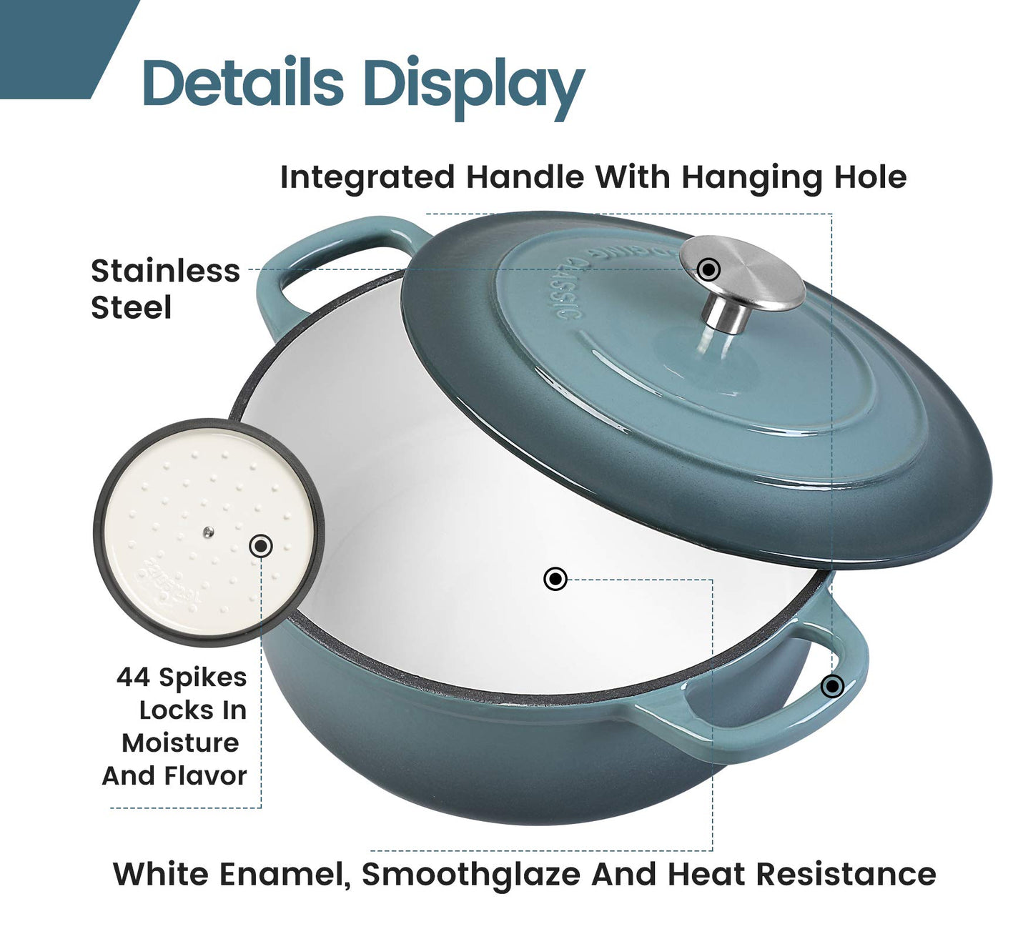 EDGING CASTING Enameled Cast Iron Round Dutch Oven with Lid Dual Handle Pot Bread Ovens, 7 Quart, Slateblue