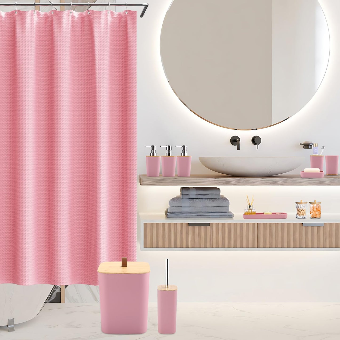 XLHOMO Bathroom Sets with Shower Curtain and Rugs, 27PCS Pink Bathroom Accessories Set with Trash Can, Pink Shower Curtain Set, No Slip Super Absorbent Bathroom Rugs