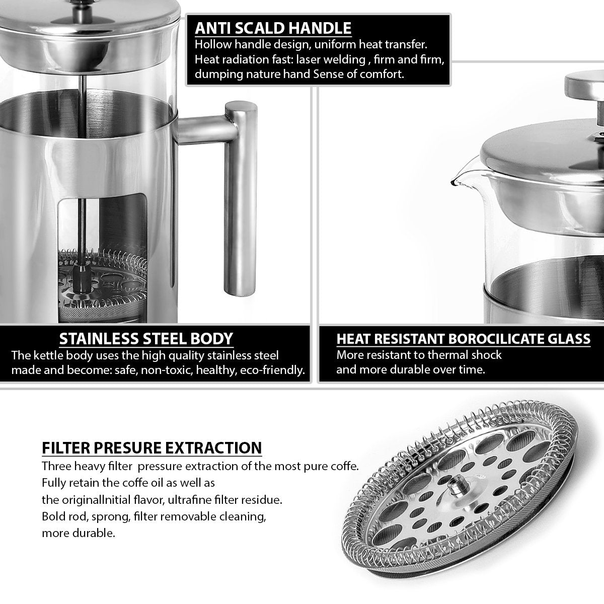 Rodolffo 34 Ounce French Press Coffee Maker with Stainless Steel 18/8 frame, 1 Litre Heat Resistant Borosilicate Glass Carafe includes 2 extra French Press Filters and 1 Coffee Spoon