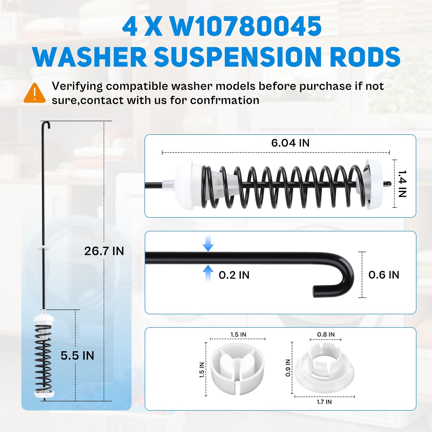 W10780045 NTW4516FW3 WTW4816FW2 WTW4800BQ1 Washer Suspension Rods Kit for Amana Whirlpool Kenmore | Fits NTW4516FW2 NTW4605EW0 WTW4616FW0 | Reduces Vibration & UL Error