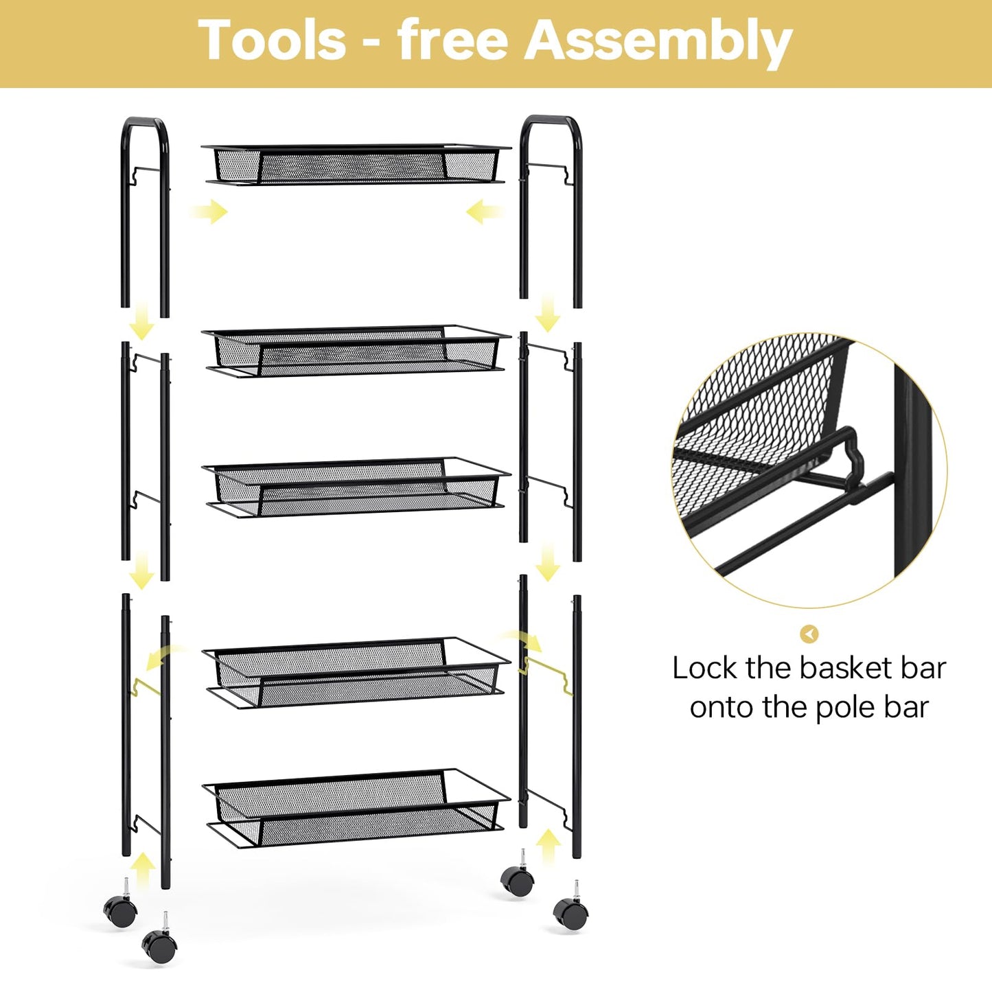 TOOLF 5-Tier Metal Utility Cart with 3 Hooks, Easy Assemble Mobile Storage Trolley On Wheels, Metal Shelving Units Kitchen Bathroom Laundry Room