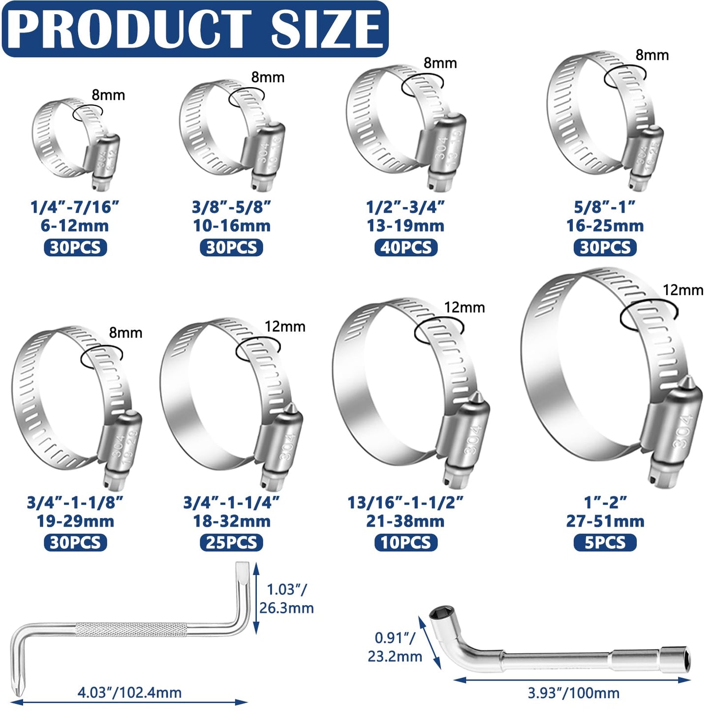 maierke 200PCS Stainless Steel Hose Clamps Assortment Kit,Metal Adjustable 1/4"-2"(6-51mm) Worm Gear Hose Clamp Heavy Duty Small Hose Clamps for Automotive,Radiator Pipe,Plumbing,Fuel Line