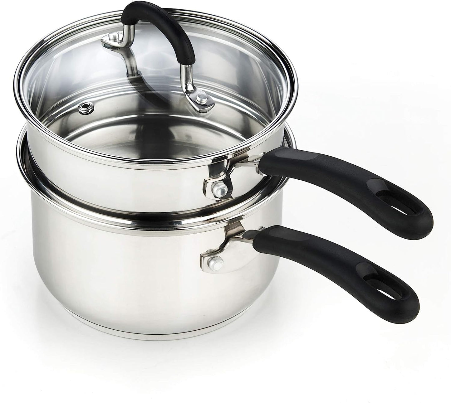 Cook N Home Professional Double Boiler Saucepan 2-Quart, 18-10 Stainless Steel Steam Melting Pot for Butter Chocolate Cheese, Tempered Glass Lid, Silver