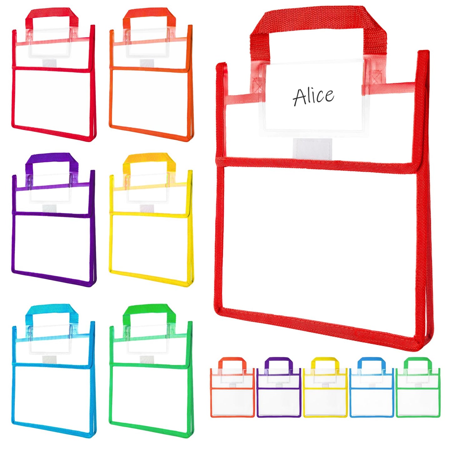 Tdfronien12 Pack Student Clear Book Pouches Bulk with Name Card Pocket and Handles Book Bags for Kids Organizing Storage Waterproof Pouches School Classroom Toys and Office (Bright Color,10 x 12 Inch)