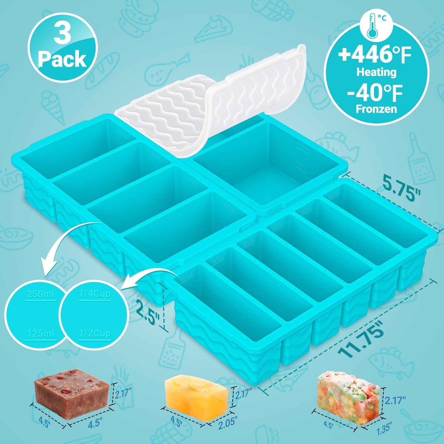 3-Pack Silicone Freezer Trays with Lid,2 Large 2-Cup(500ml)&4 Medium 1-Cup(250ml)&6 Small 1/2-Cup(125ml) Soup Freezer Container Molds,Ice Cube Tray For Meal Prep&Freezing Soup,Stews,Sauces