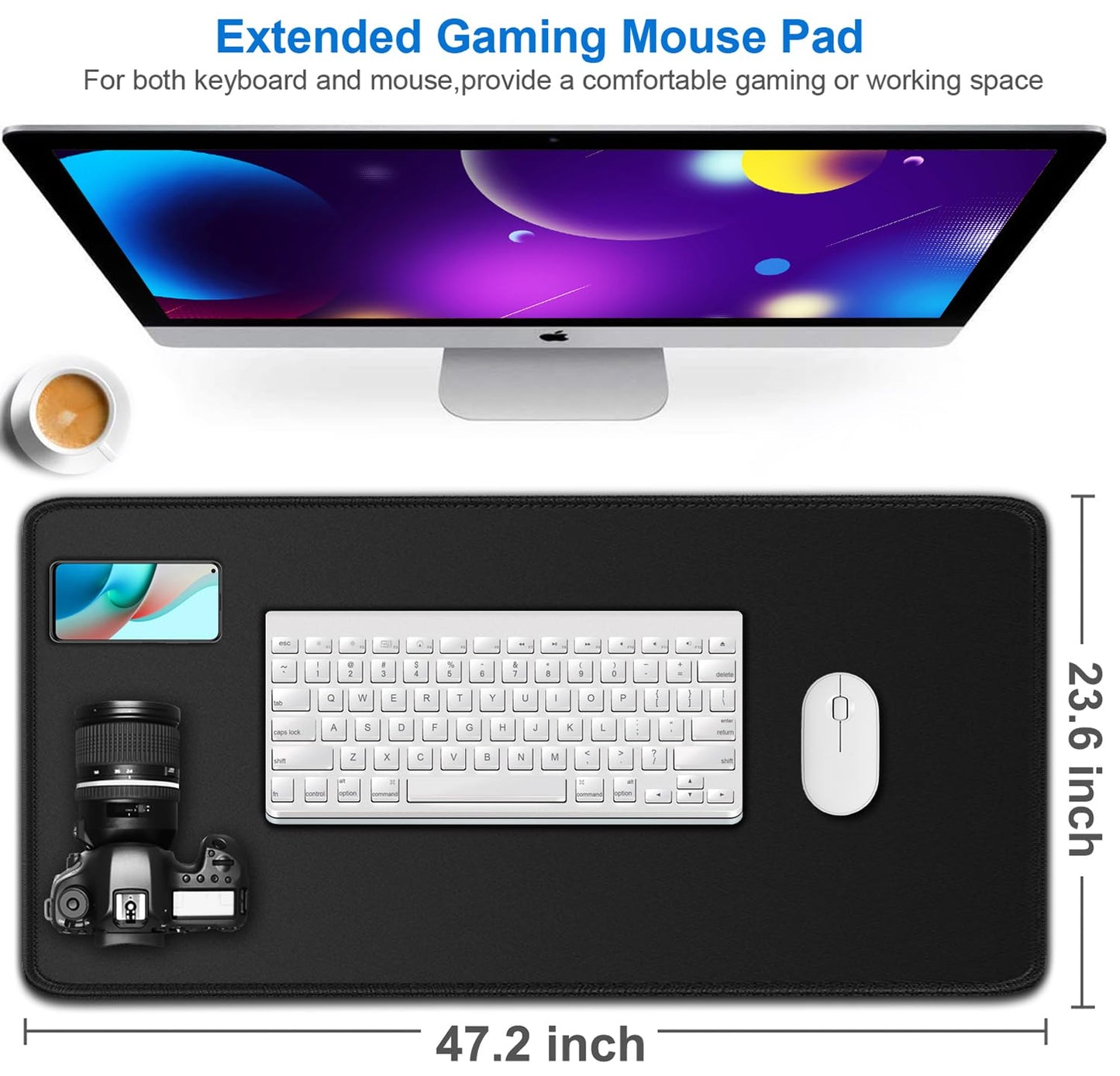 Large Extended Long Mousepad, 47.2x23.6 inch Large Gaming Non-Slip Mouse pad, Water Resist Computer Keyboard Mat Rubber Base Long Desk Pad for Work & Gaming, Office & Home, Black