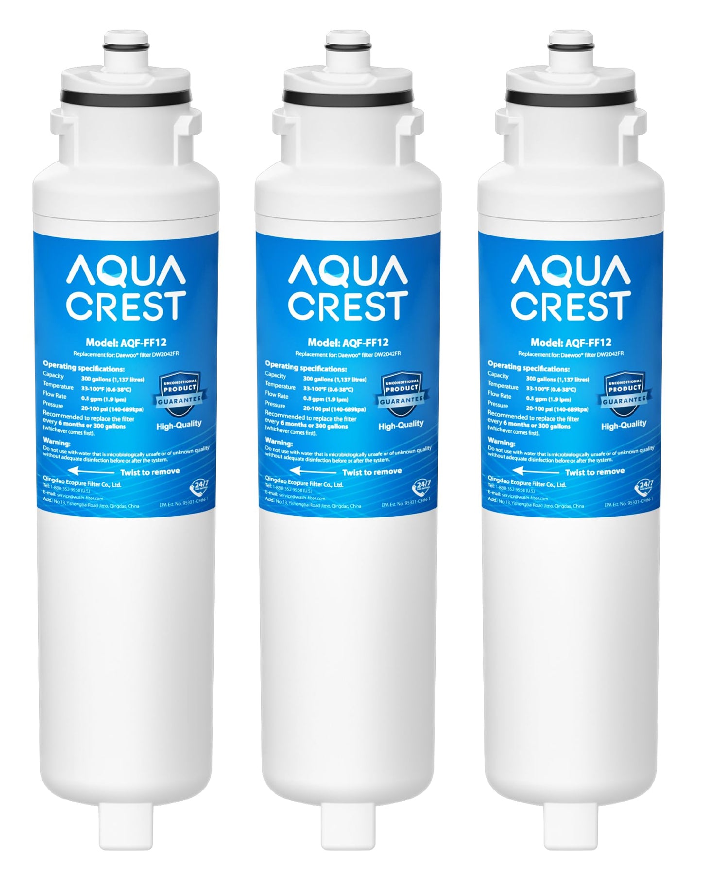 AQUACREST DW2042FR-09 Refrigerator Water Filter, Compatible with Daewoo DW2042FR, Kenmore 46-9130, DW2042FR-09, Aqua Crystal DW2042F-09 (Pack of 3)