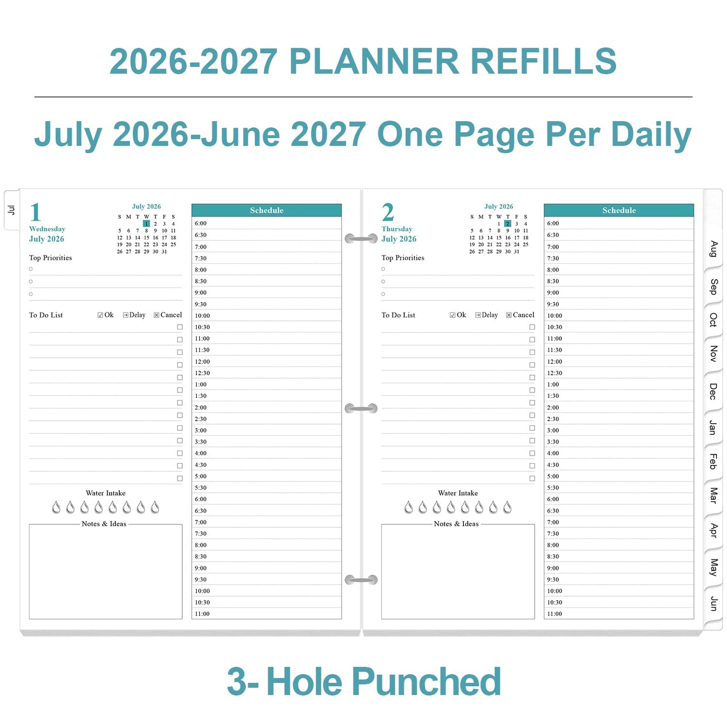 2026-2027 Planner Refill - One Page Per Day, 3-Hole Daily ＆ Monthly Planner Refills, July 2026 - June 2027, 8.5" x 11"