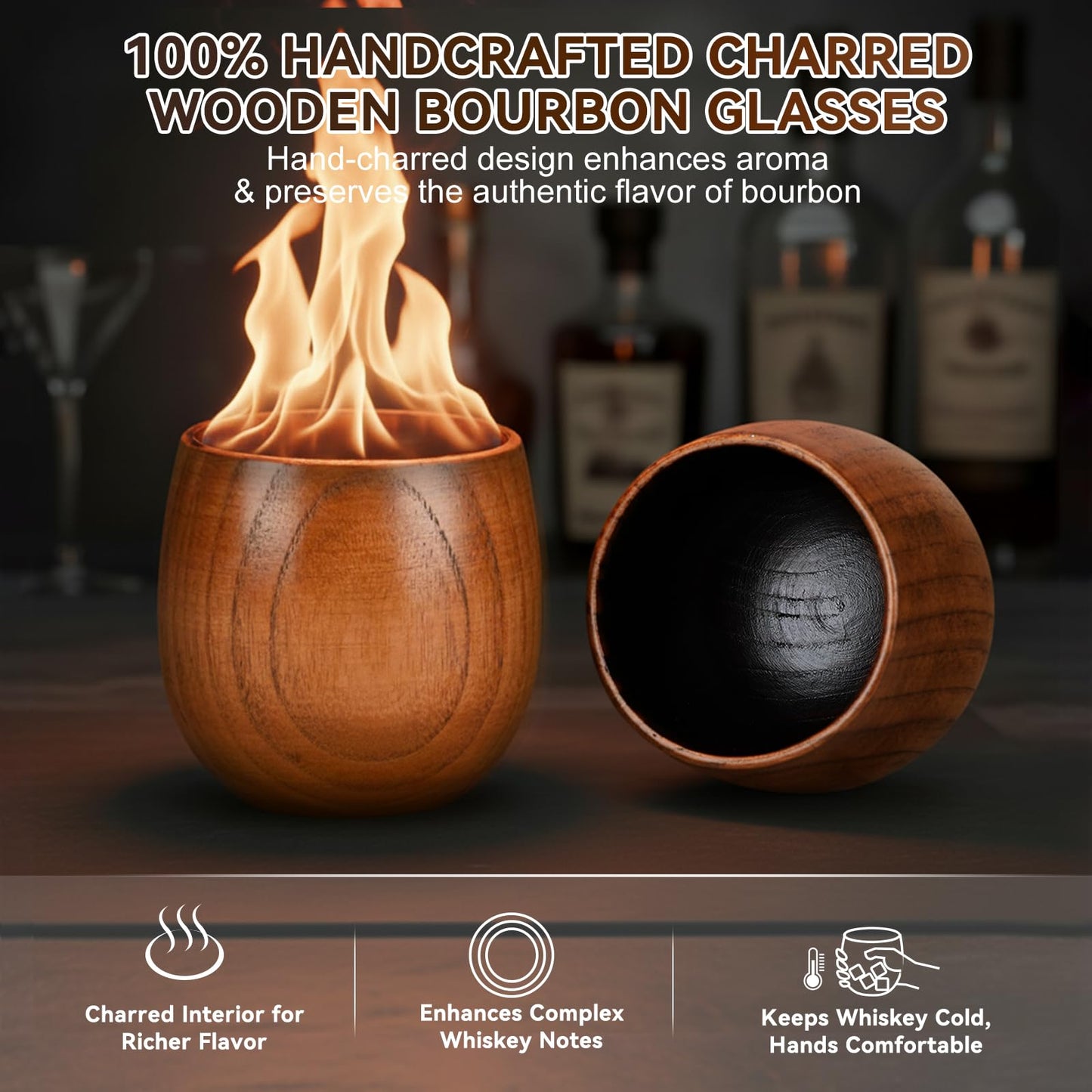 Solunvia Charred Wooden Bourbon Drinking Glass Wooden Whiskey Glasses Set of 2 17-Piece Complete Whiskey Gift Set Old Fashioned Glass Bourbon Gifts for Men Dad, Husband, Brother (Silver Accents)