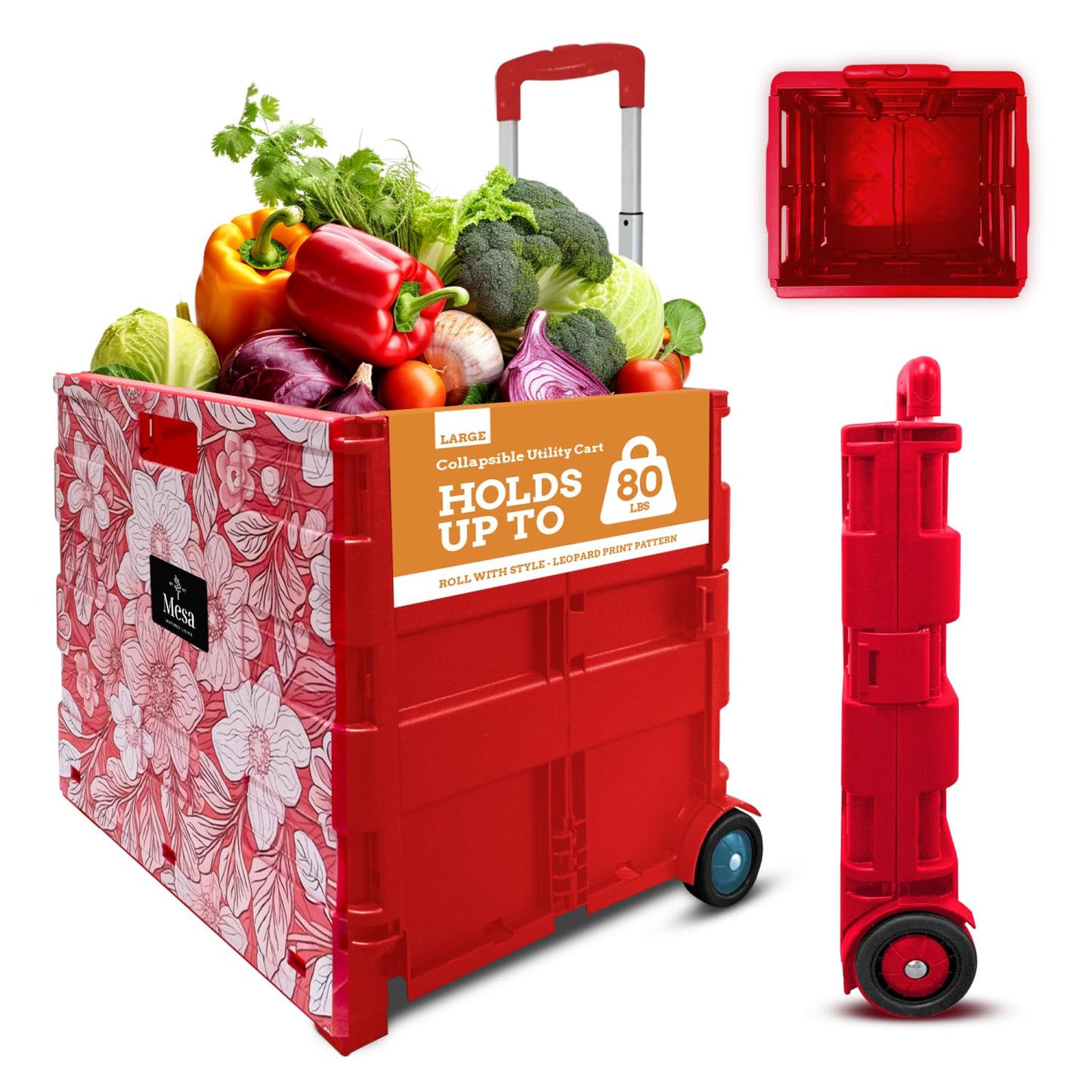 Inspired Living Ultra-Slim Rolling Collapsible Storage Pack-N-Roll Utility-carts, with Telescopic Handle, for Home, Garden, Shopping, Office, School use, Large, Red, White Flower Print
