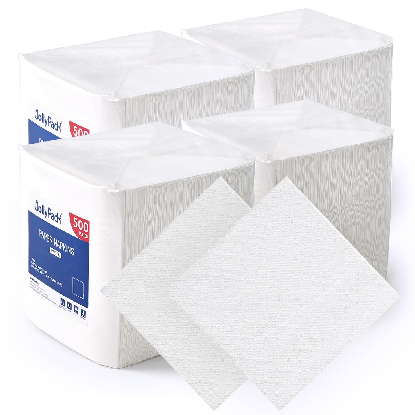 JollyPack 2000 Count White Paper Napkins - 1-Ply 6.5 x 6.5 Folded Bulk Disposable Beverage Cocktail Napkins, Dinner Paper for Restaurants, Bars and Parties - 13 x 13 Unfolded
