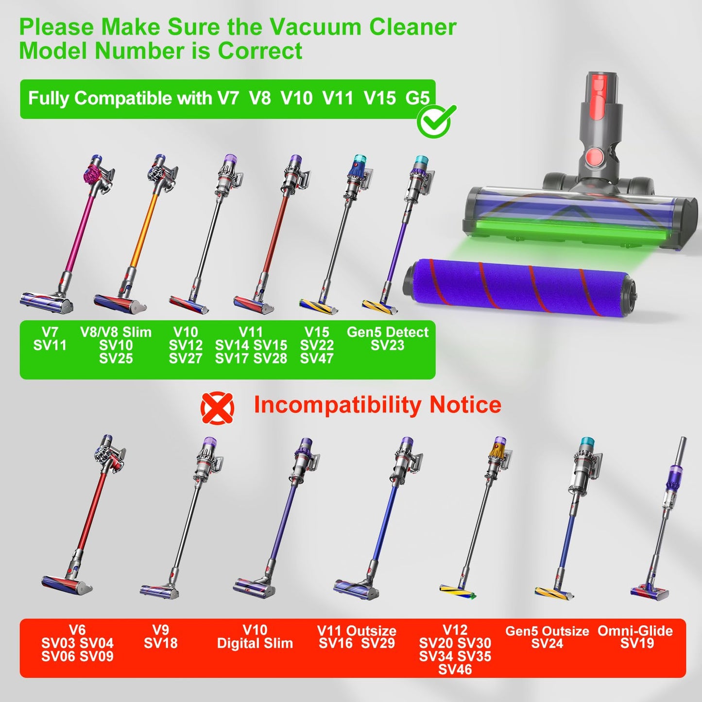 V7 V8 V10 V11 V15 G5 Vacuum Cleaner Heads Parts 2 Brushes Replacement for Dyson SV10 SV11 SV12 SV14 SV15 SV17 SV22 SV23 SV25 SV27 SV28 SV47 Cordless Vacuum Cleaner with Led Light Cordless Cleaner Head