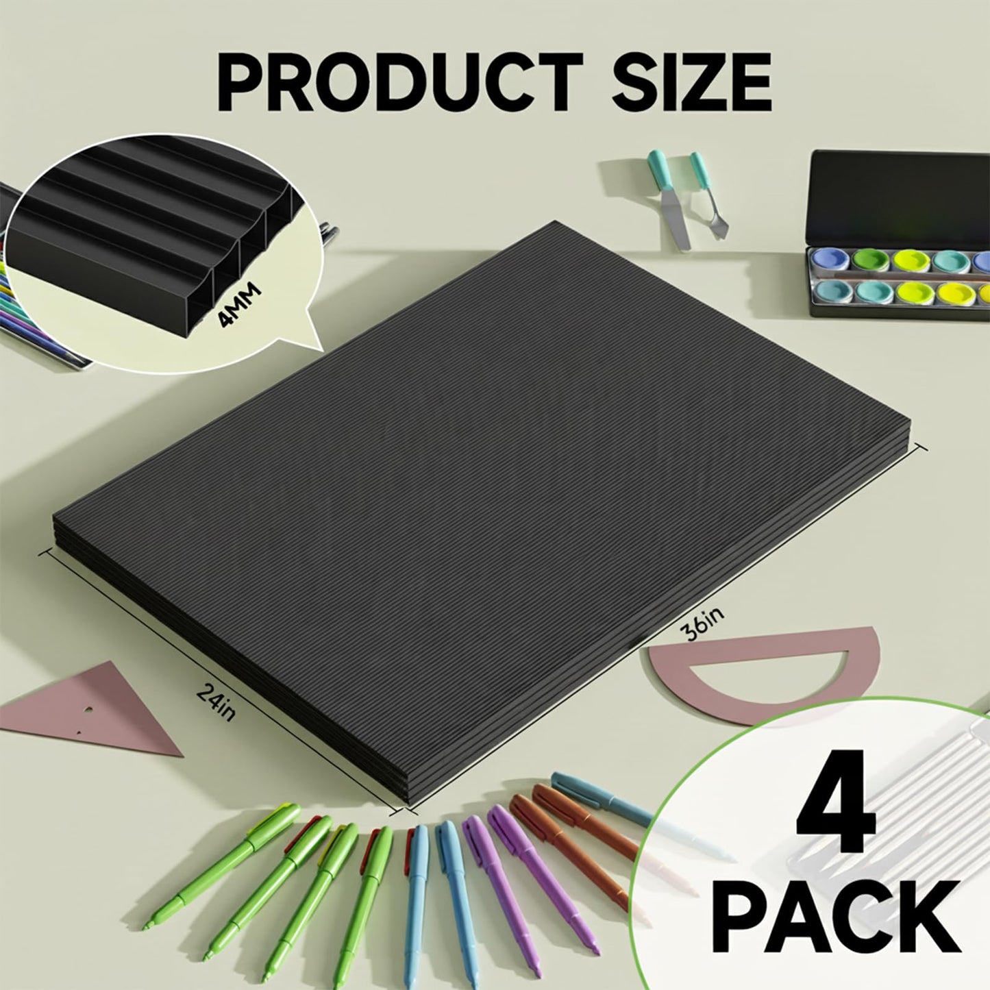 PEKGRIL 24" x 36" Corrugated Plastic Board, 4MM Thick Thick Blank Poster Board, Waterproof Coroplast Sheets, Black Corrugated Plastic Sheets, 4 Pack
