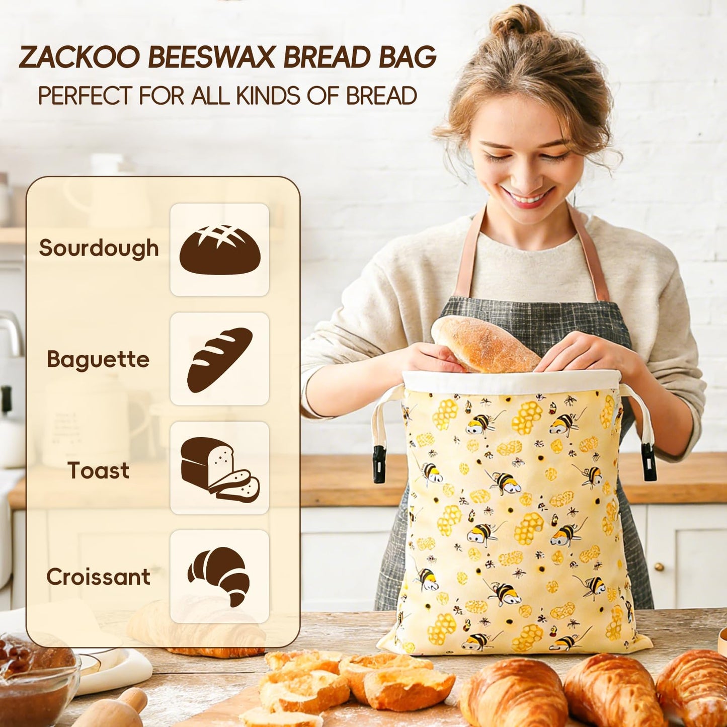 Zackoo XL Beeswax Bread Bags for Homemade Sourdough Bread (2 Pack), Reusable Cotton Linen Bread Storage Bags with Removable Beeswax Lining, Freezer Friendly, Keeps Bread Fresh